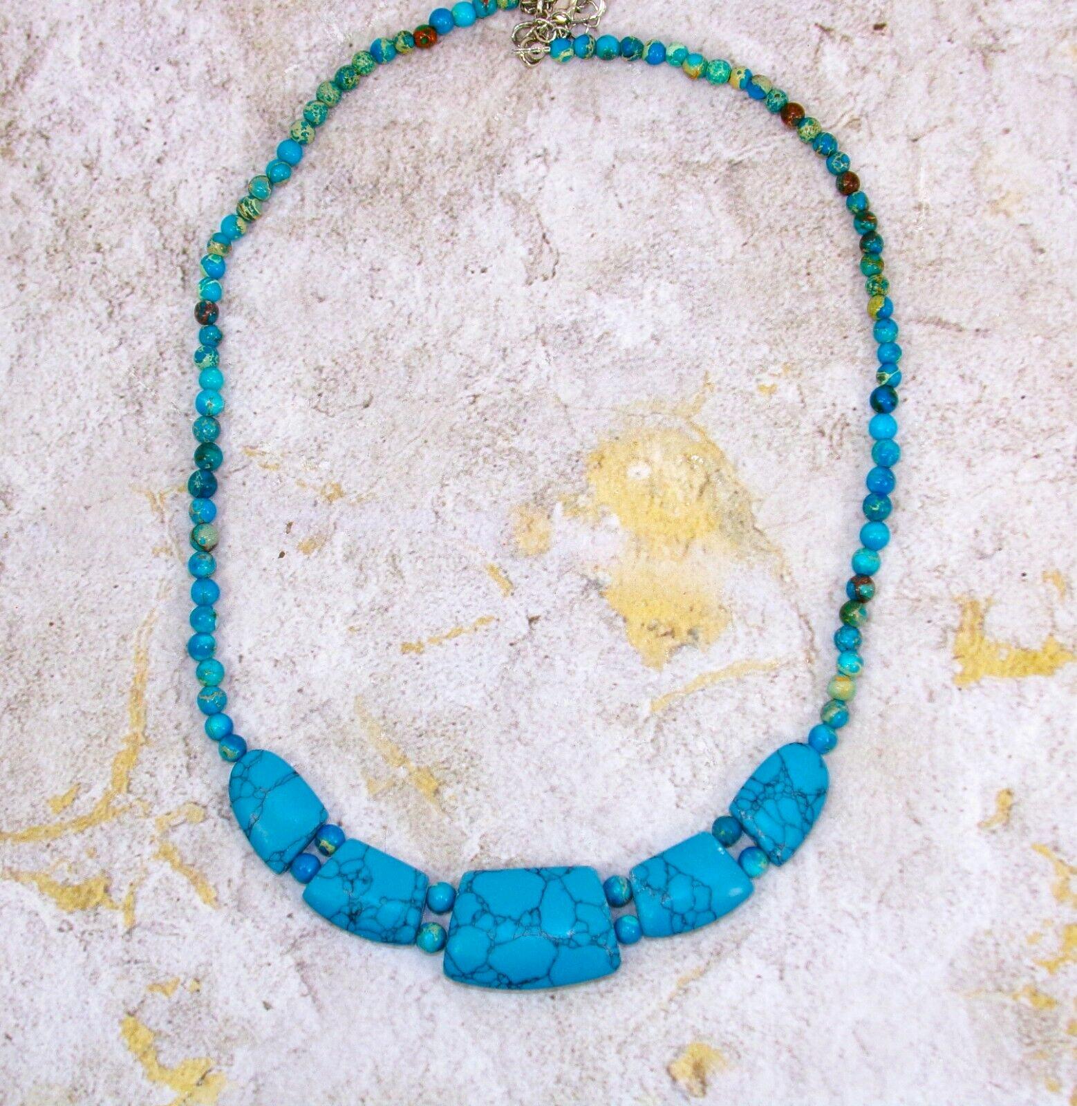 Turquoise stone necklace with large stones in front, small round bead neck New