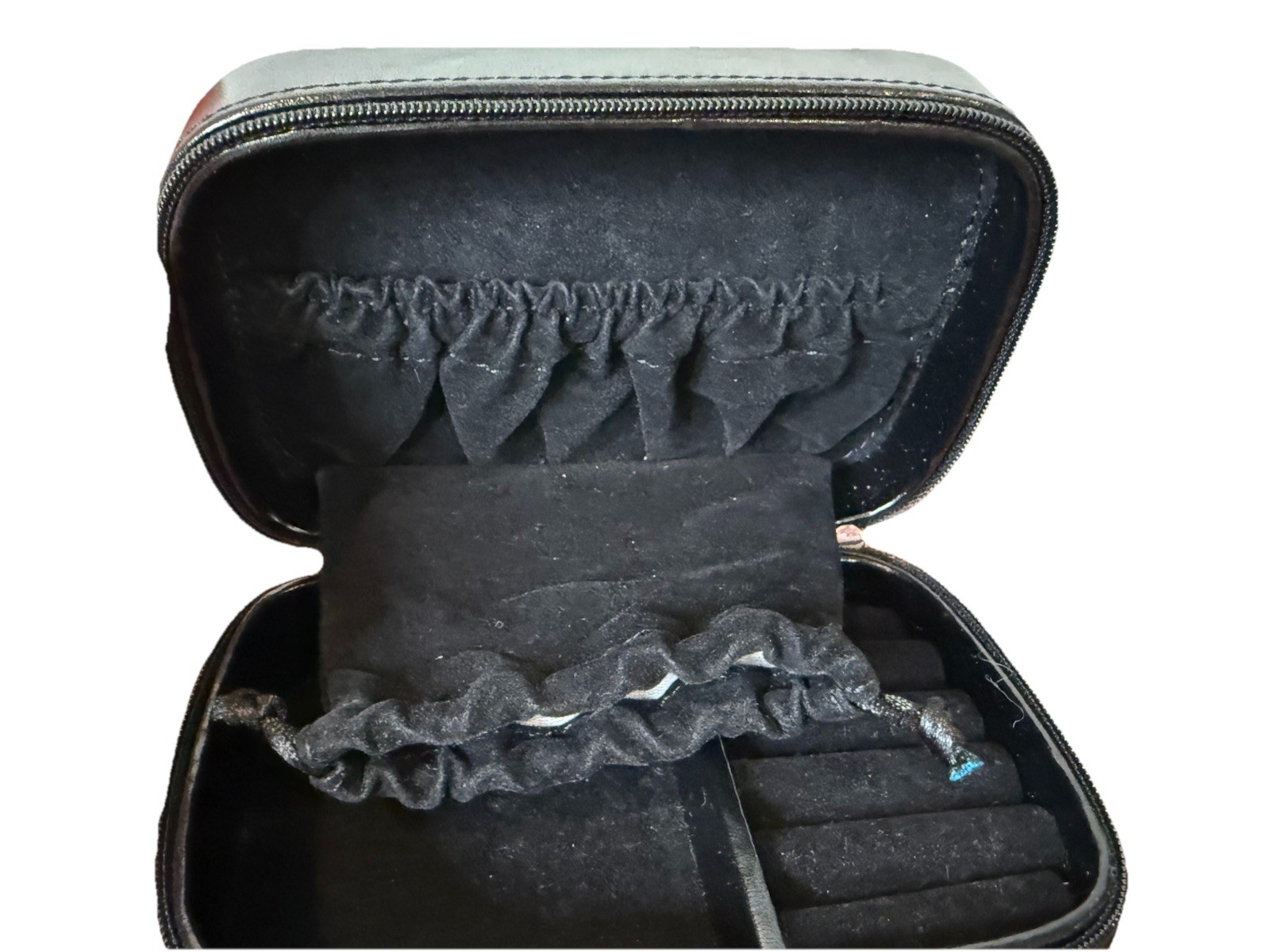 Black Travel Jewelry Case Faux Leather Zip. Velvet lining excellent condition.