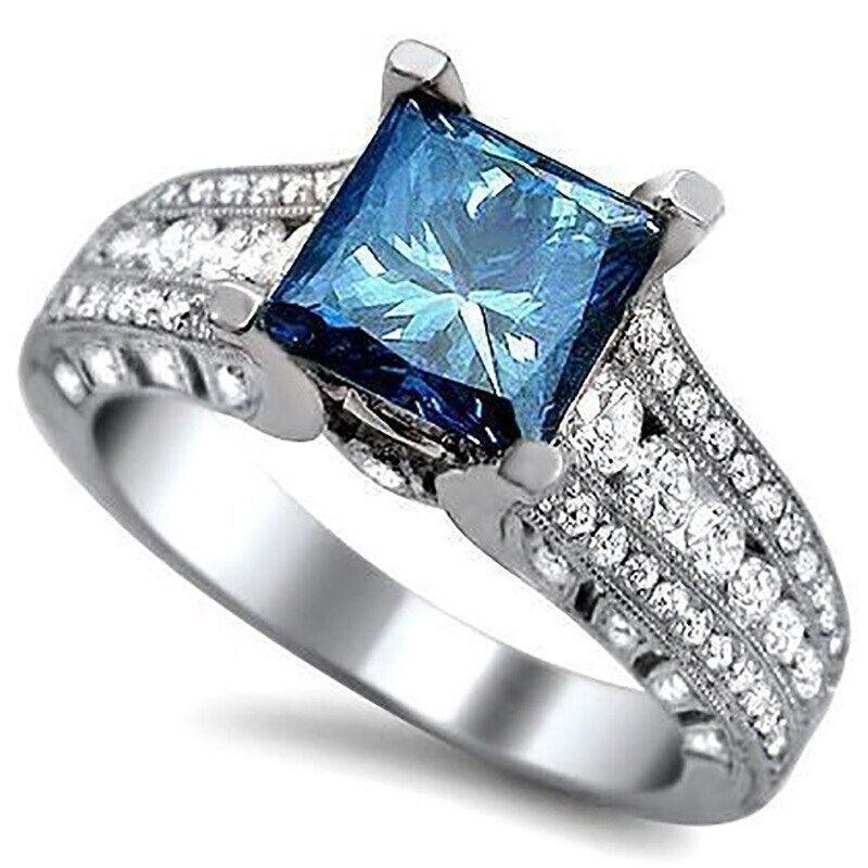 2.15 CT Blue Simulated Diamond Rings Silver Plated Bridal Valentine Gifts Ring