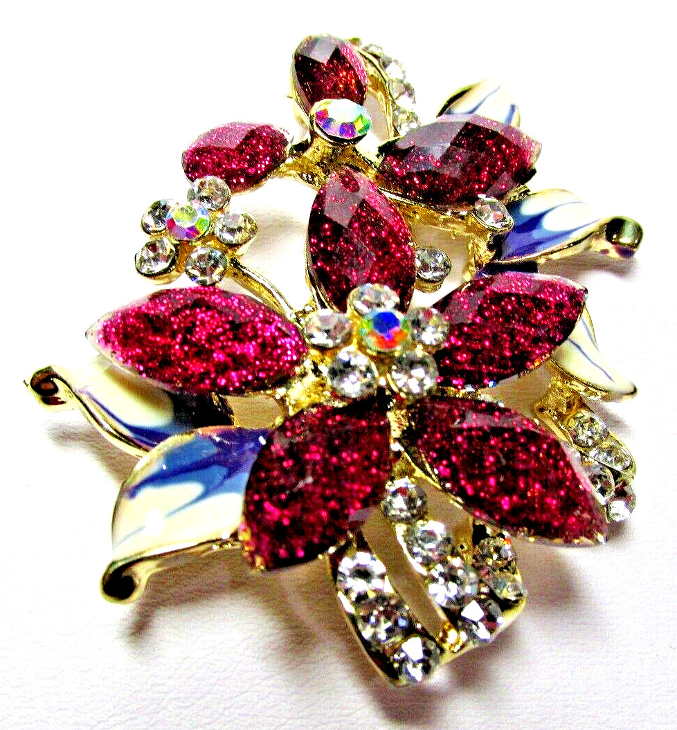 Women’s Gold Tone Brown & Clear Crystal Flower Pin Brooch – NWOT – (#2359)