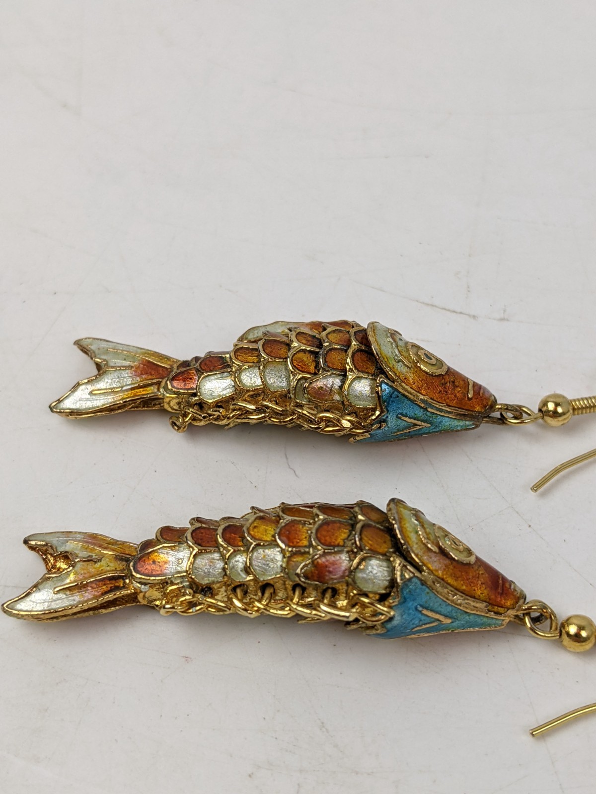 Vintage Mid 20th Century Articulated Enamel Cloissone Hinged Fish Earrings