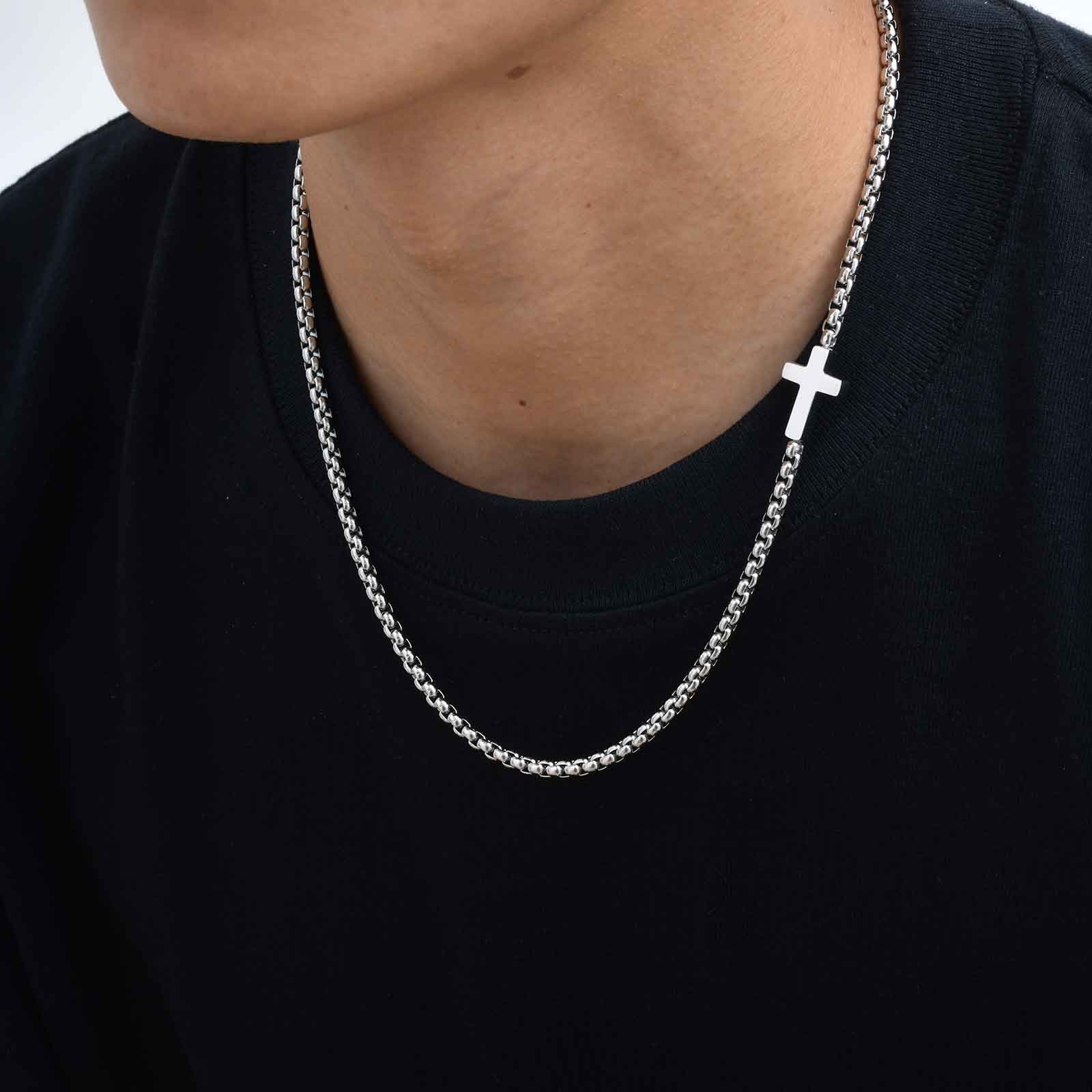 Stainless steel Square Pearl Chain CrossNecklace for Men 20″ 50cm Religious