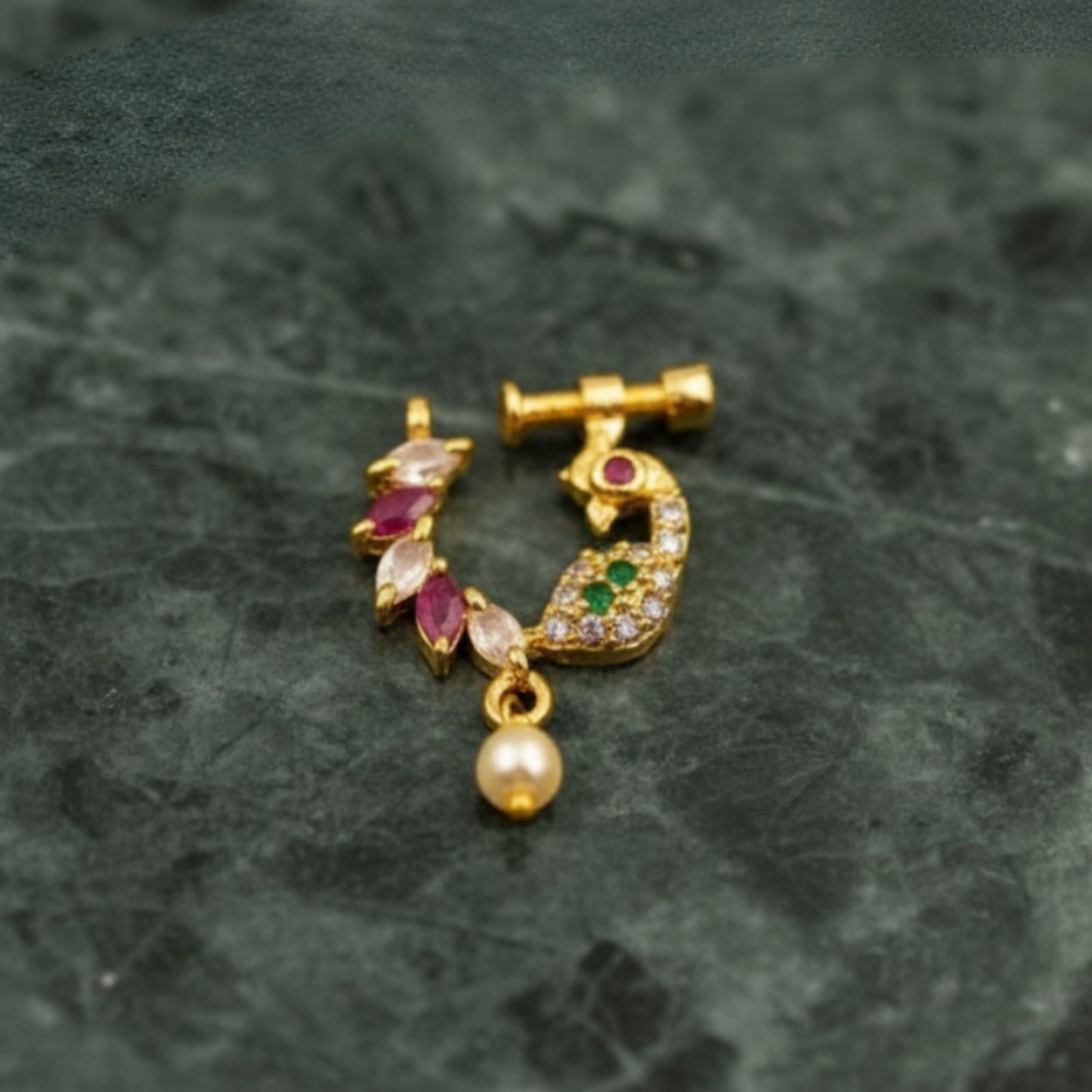 Gold Plated CZ Indian Nose Ring Set: Bridal Nath, Non-Piercing Clip On