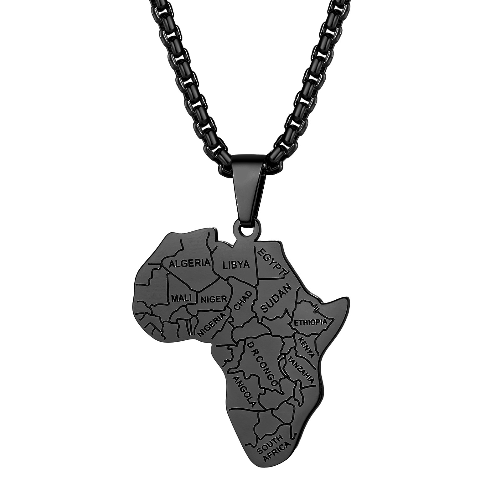 Men’s African Necklace Stainless Steel Africa Map Pendant Necklace 22 Inch Chain