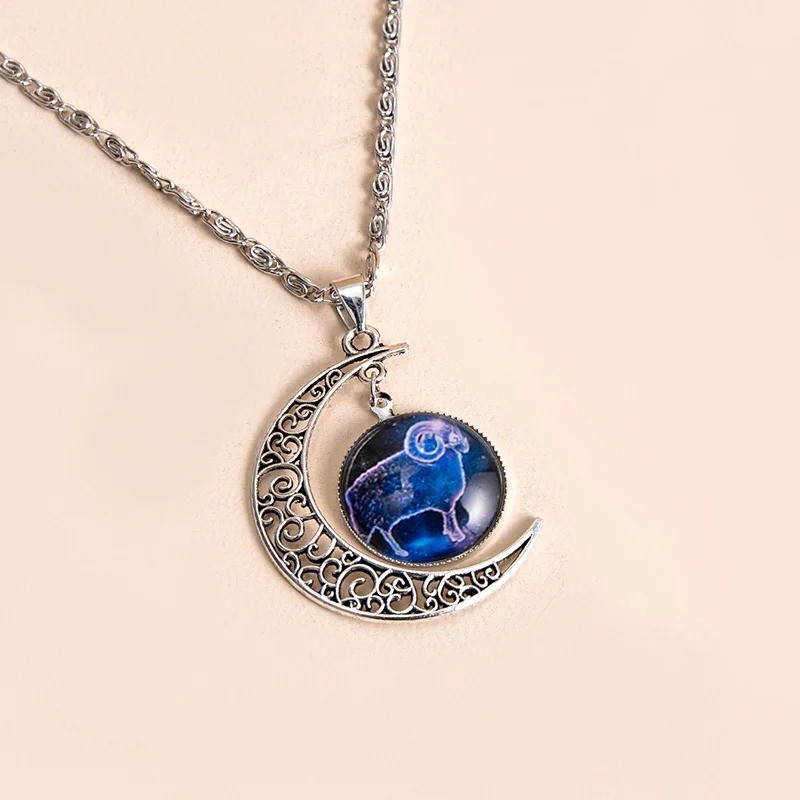 Moon Shaped Zodiac Sign Necklace Horoscope Astrological Pendant with 17″ Chain