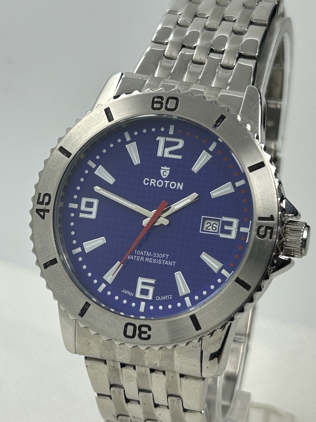 Japan Croton Aquamatic CA301288 WR 10ATM Blue Dial Silver Bezel Date Watch, 44mm