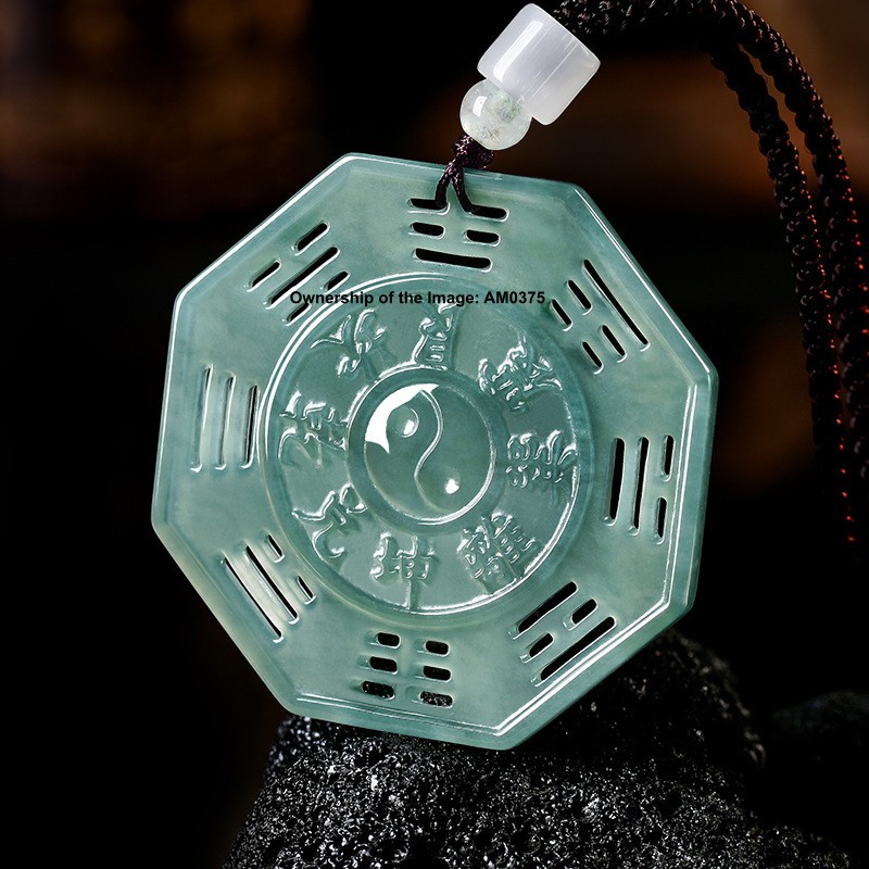 Natural Grade A Blue Water Jadeite Double Sided Tai Chi Bagua Pendant Feng Shui
