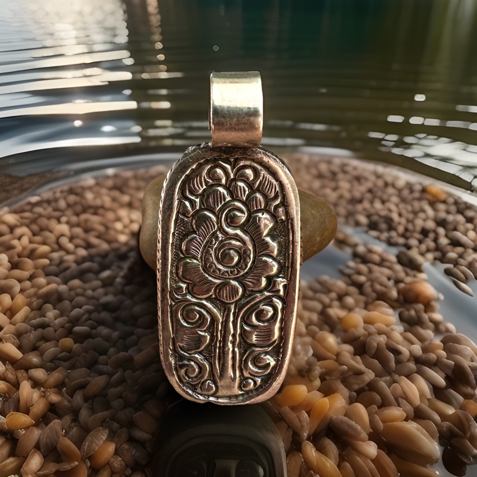 Vintage Himalayan Agate Pendant Auspicious Floral Carving Set in Silver 2in,20g