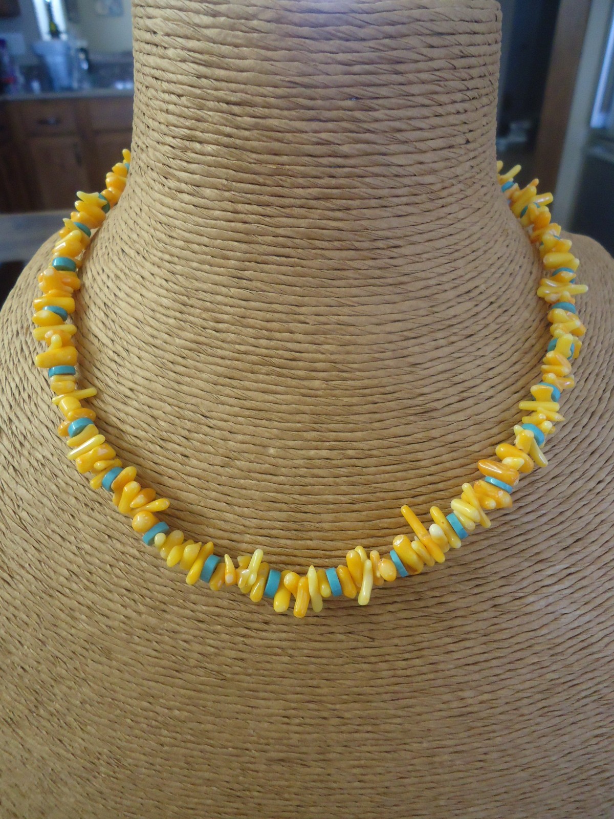 Unisex Orange Shell and Turquoise Beaded Necklace, 20″ Long, Sterling Clasp