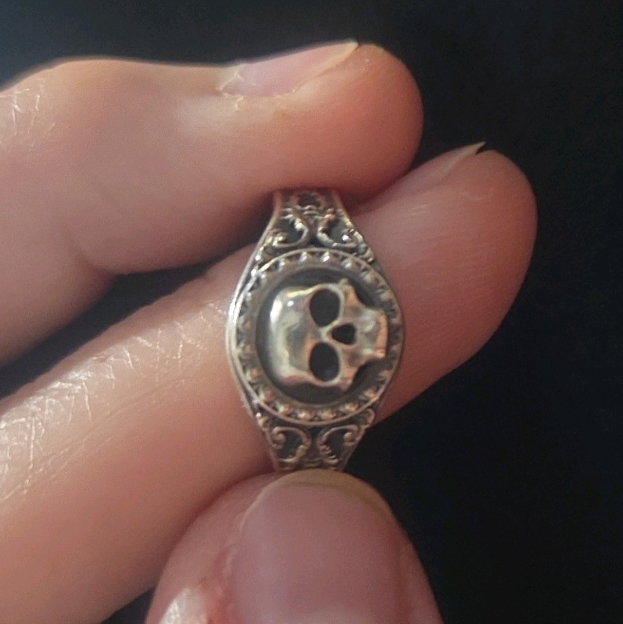 Signed Engraved Silver Skull Motif Band Ring, Size 9, Heavy Silver