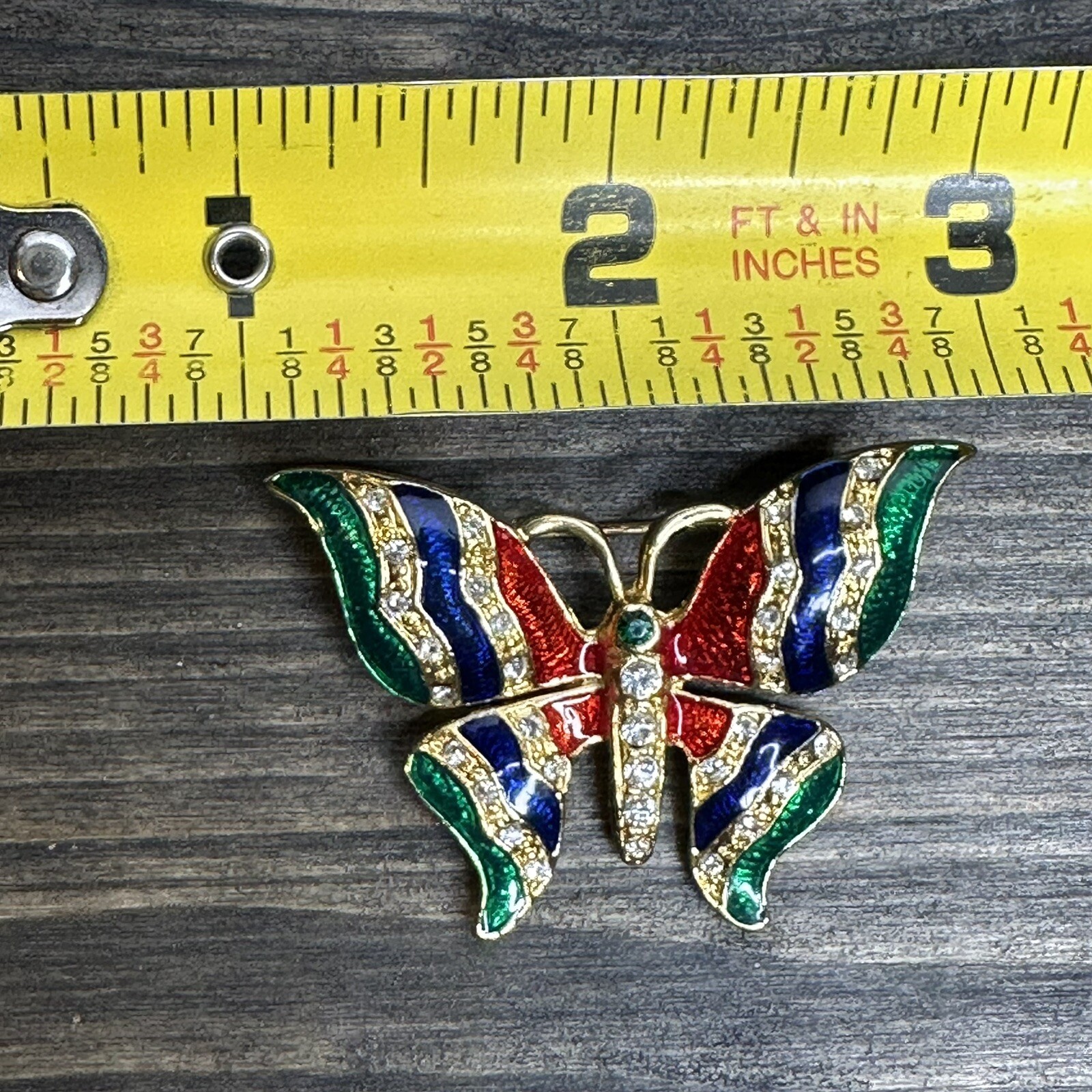 Vintage Butterfly Enamel Brooch Pin Gold Tone Red Blue Green Rhinestones Shiny