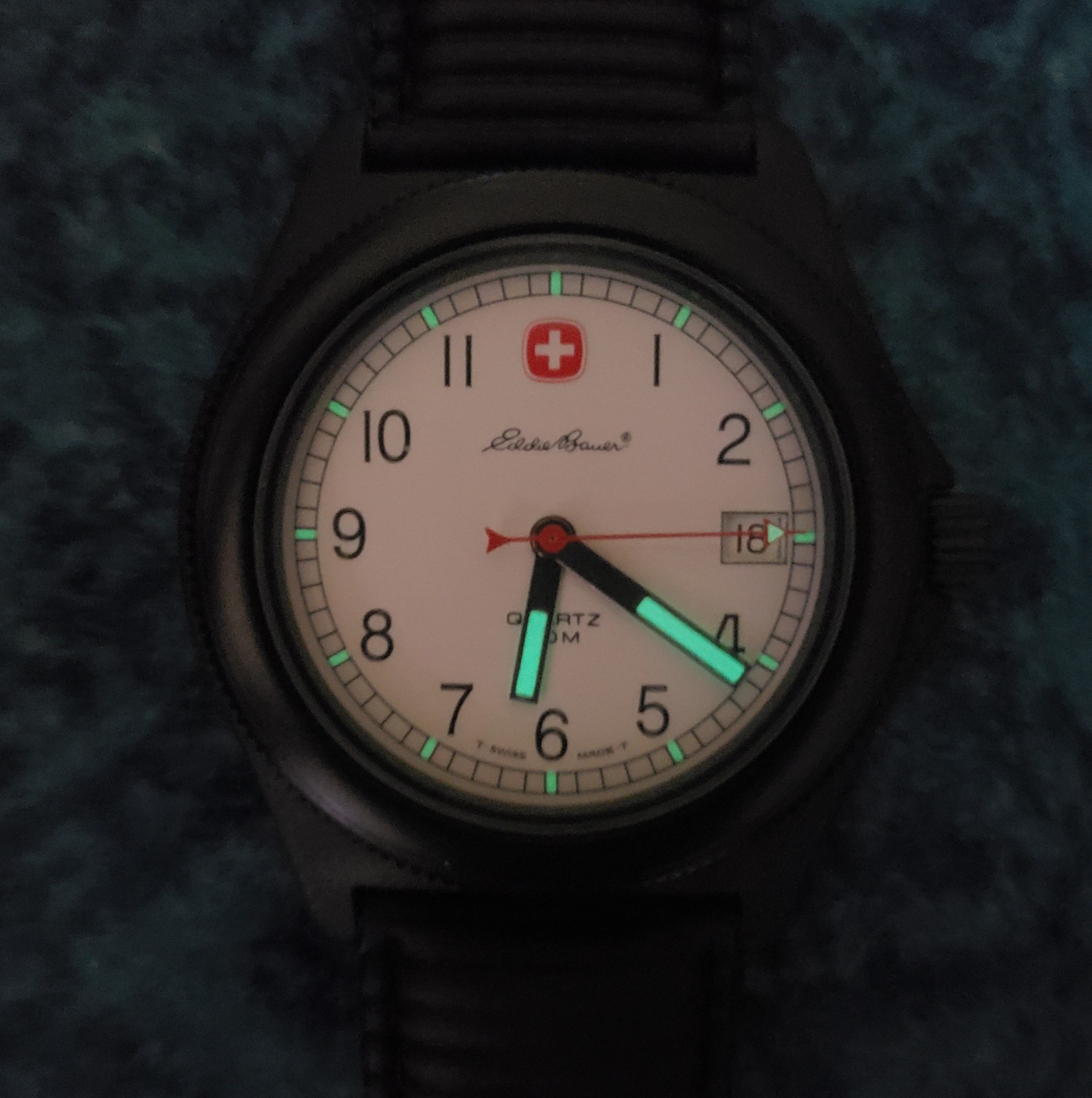 Men’s SWISS MILITARY watch 39mm black case/ivory dial date 50M Eddie Bauer logo