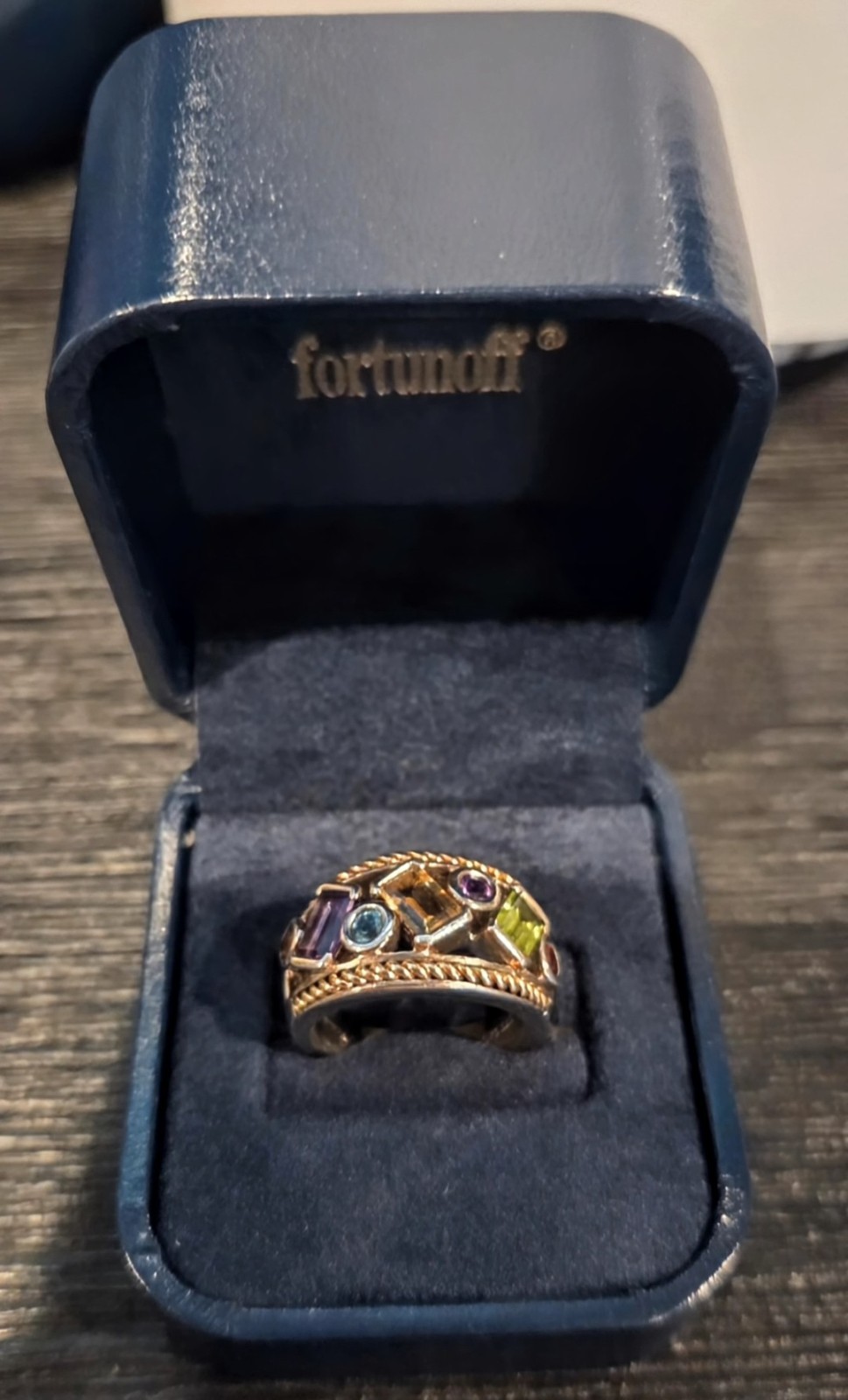 Fortunoff Sterling Silver 14K Gold Multi Gemstone Cable Rope Band Ring Size 6.5