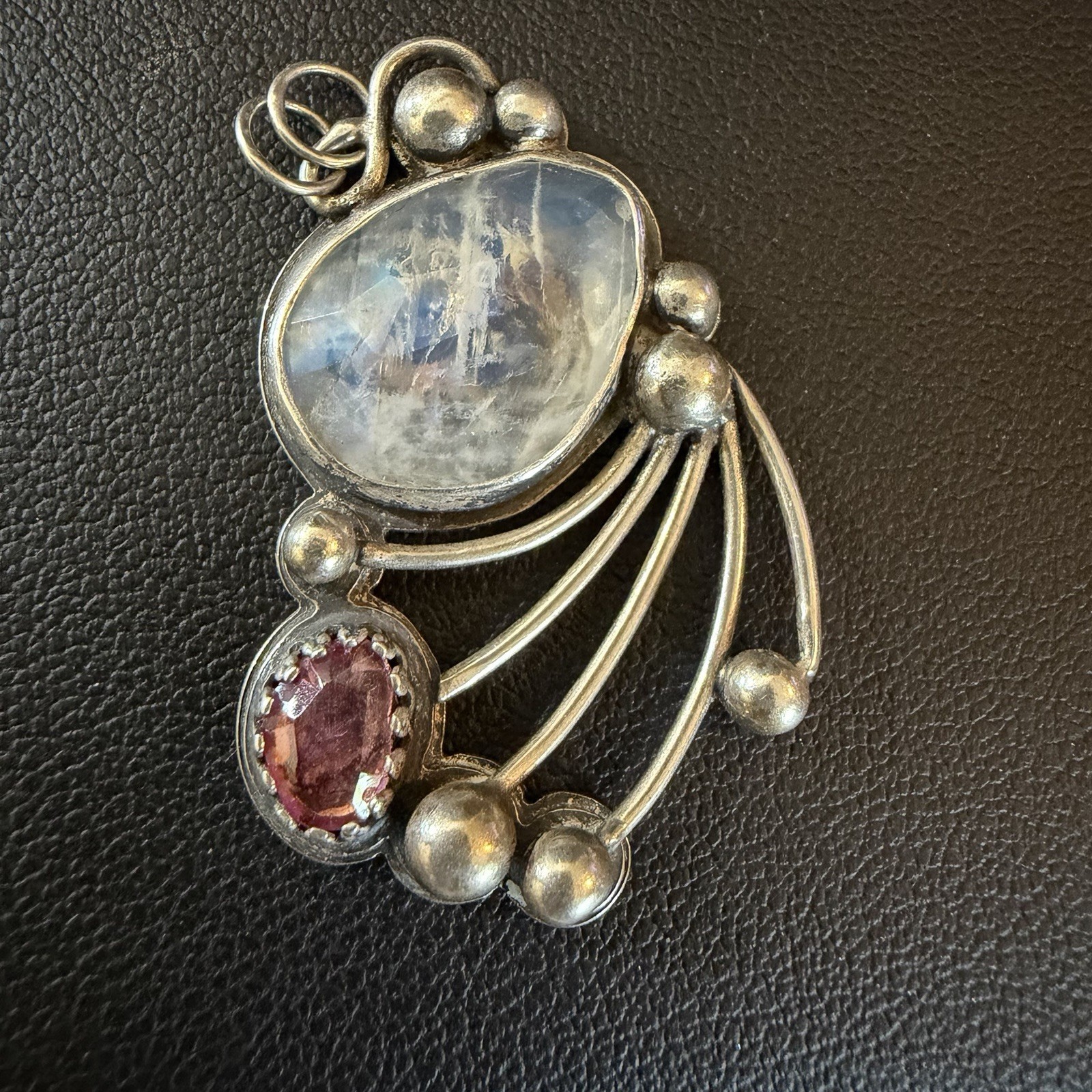 Rainbow Moonstone w/ Pink Tourmaline Sterling Silver Pendant 8.4g Signed