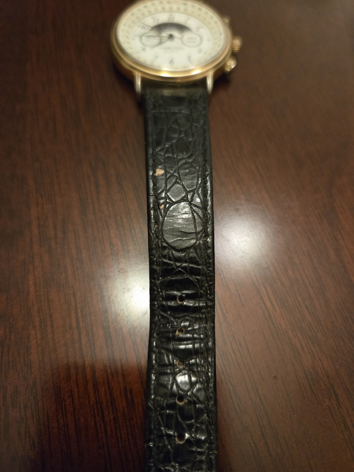 Carlton Quartz Moon & Sun Phase Date Gold Watch White Dial Black Leather Strap
