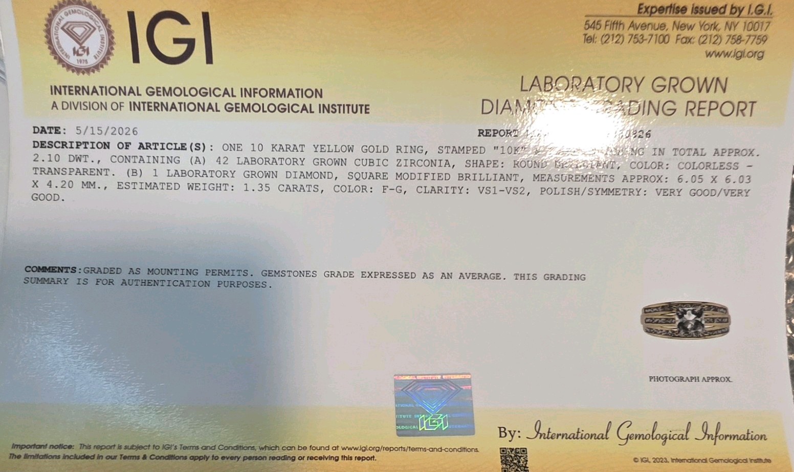 1.35 Carat IGI F-G VS1-VS2 Lab Diamond Ring w/CZ Accents 10K YG Approx. Sz 6.75