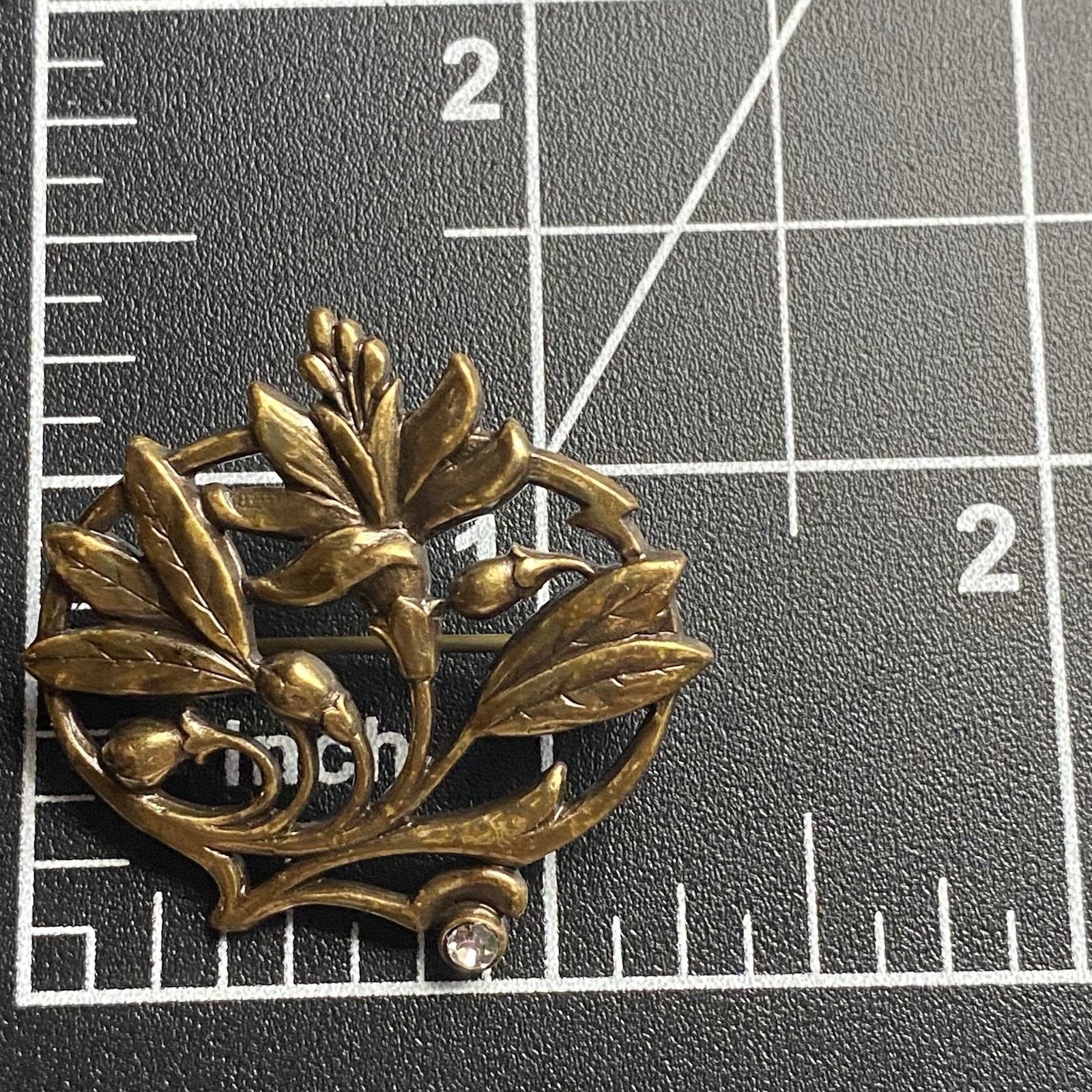 Vtg Art Nouveau Revival Brass Floral Brooch Openwork Lily Rhinestone 1.25 x1.25″