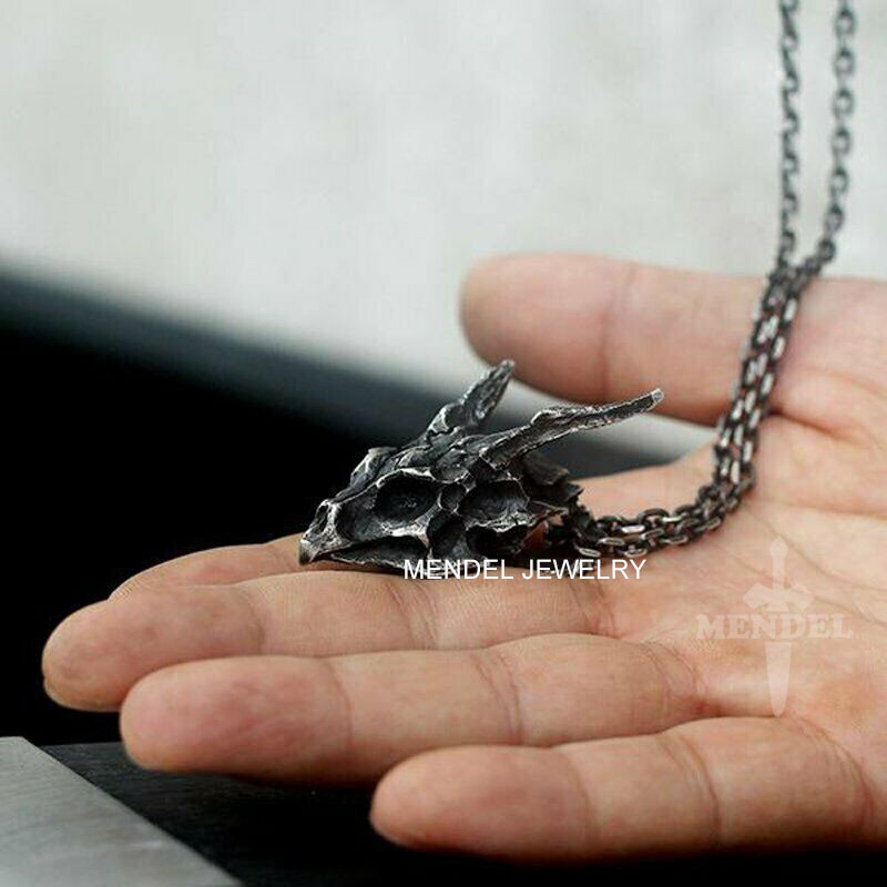 MENDEL Mens Stainless Steel Heavy Wolf Dragon Skull Pendant Necklace Vintage Men