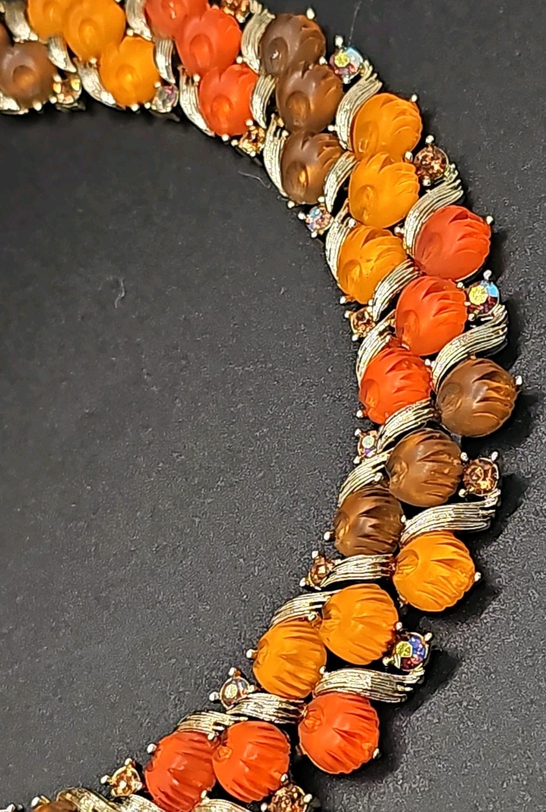 Lisner Thermoset Autumn Orange Amber Brown Pumpkins Necklace Rhinestones 50s