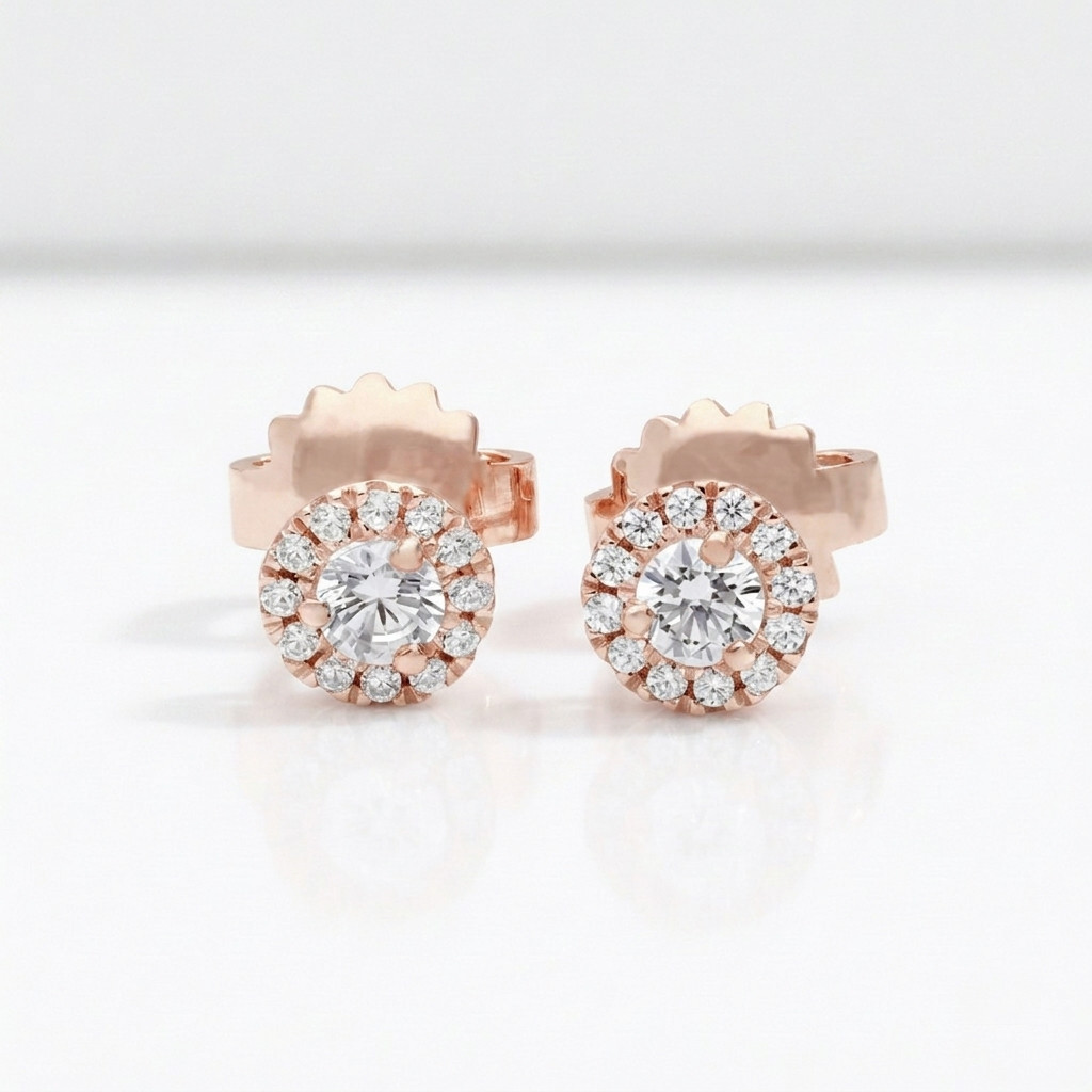 14K Solid Gold 0.50 CT Round Lab Grown Diamond Halo Stud Pushback Fine Earrings