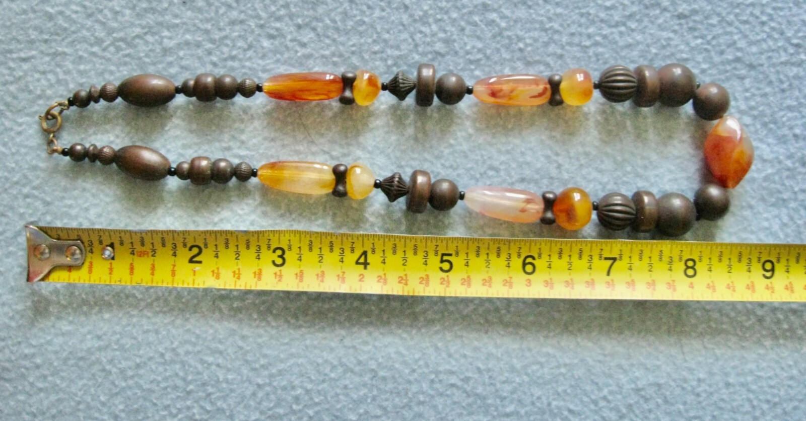 Choker Orange & Brown Beads Spring Ring Clasp; 6″ Diam or 9″ Drop; Quartz?