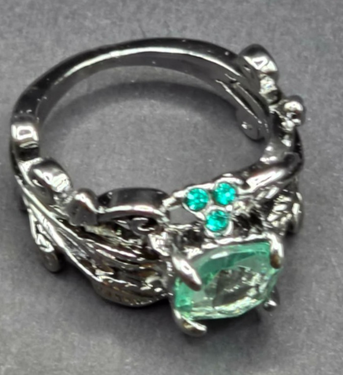 Gunmetal Black Gothic Oval Light Blue Stone Leaf Vine Accent Statement Ring