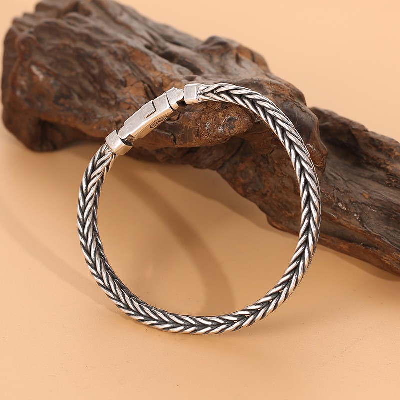 Real S925 Sterling Silver Bracelet Men’s Thai Silver 5mm Square Wheat Link