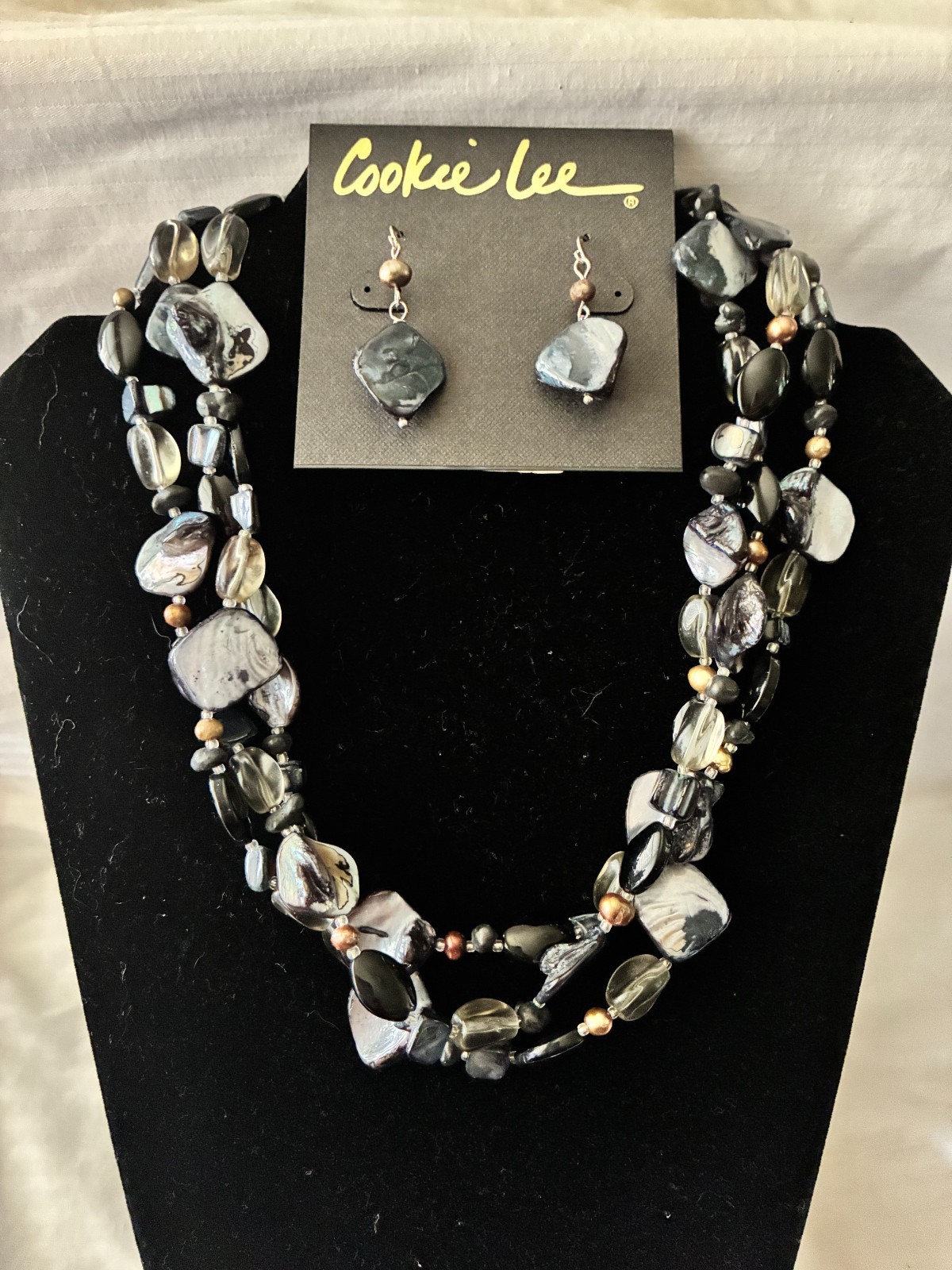 Abalone shell and FWP 3 strand Necklace with matching earrings for peirced ears