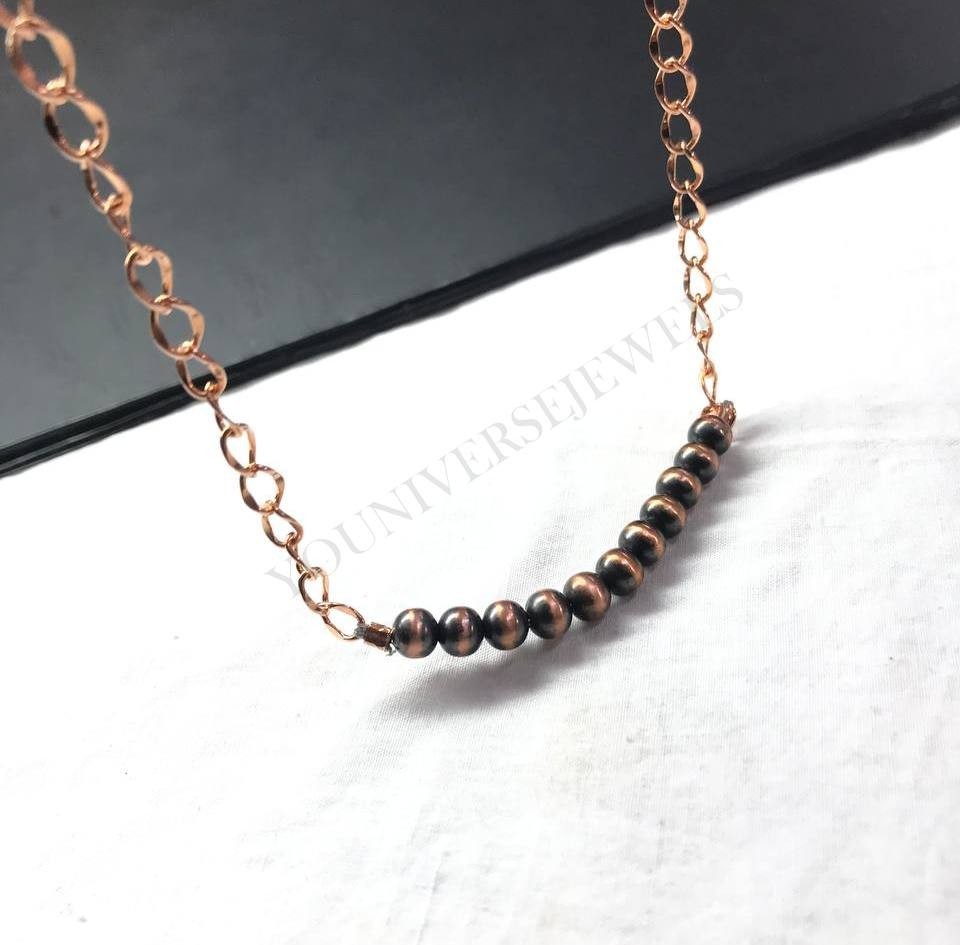 6MM Copper Pearl Beads Handmade Chain Necklace Minimal Beaded Jewelry, Gift Her