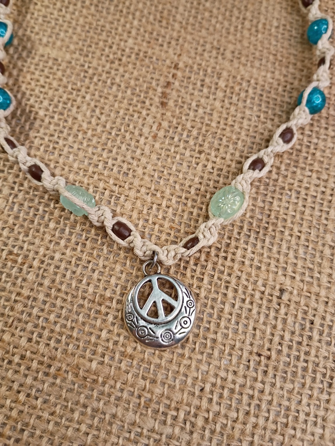New Natural Hemp Necklace W/ Peace Sign Charm & Mixed Beads 16 in Twist Macrame