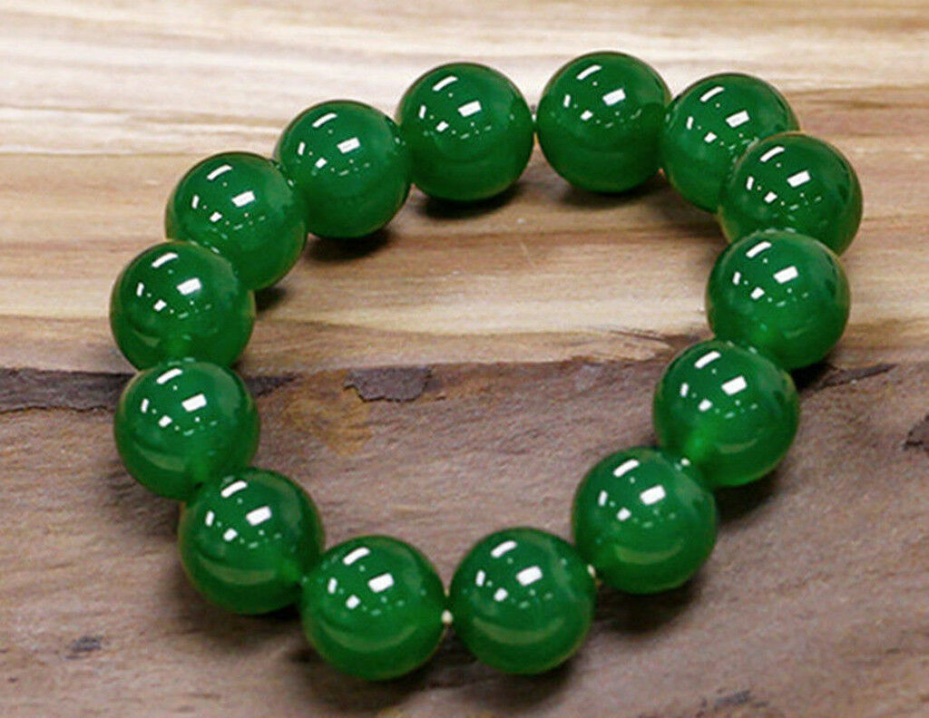 12mm Natural Grade Green Jade Jadeite Round Gemstone Beads Bangle Bracelet 7.5”