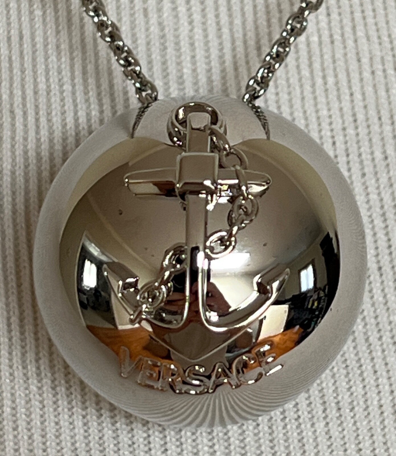 NIB Versace Nautical Anchor Logo Large Silver Sphere Round Pendant Necklace $975