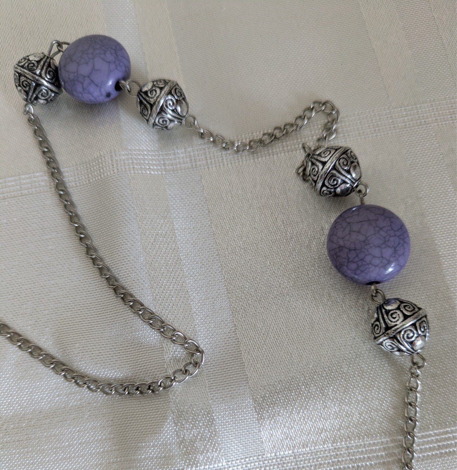 Silvertone Chain Necklace With Purple Beads And Silvertone Orbs 92 Cm Long