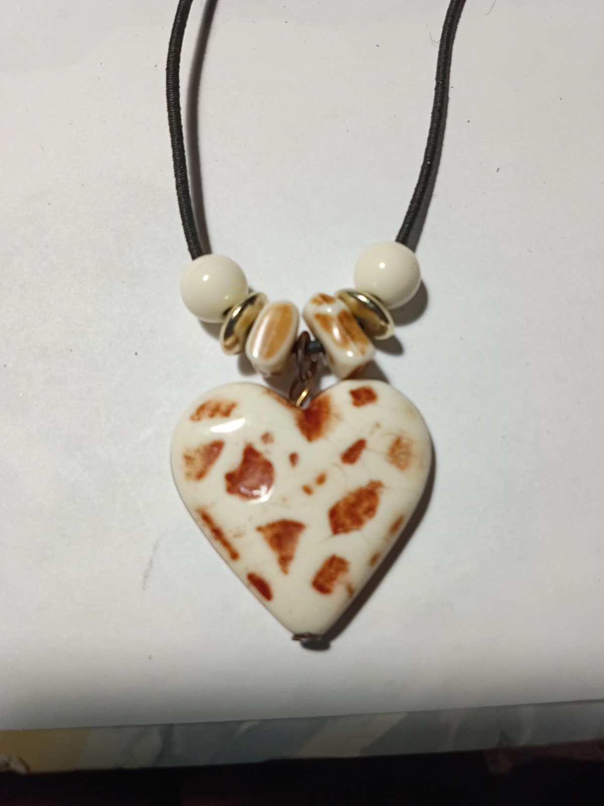 Heart Charm Pendant Necklace, Black Cord Chain with Beads, White Brown Love