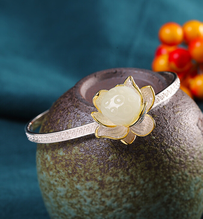 I03 Sterling Silver 925 White Jade Flower Bangle Bracelet