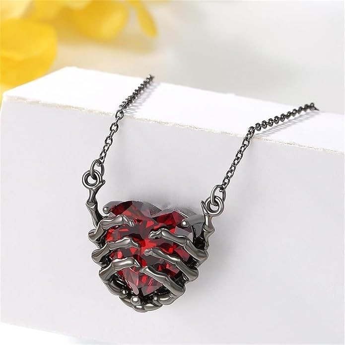 Gothic Bone Hands Heart Pendant Necklace Dark Fantasy Women Jewelry