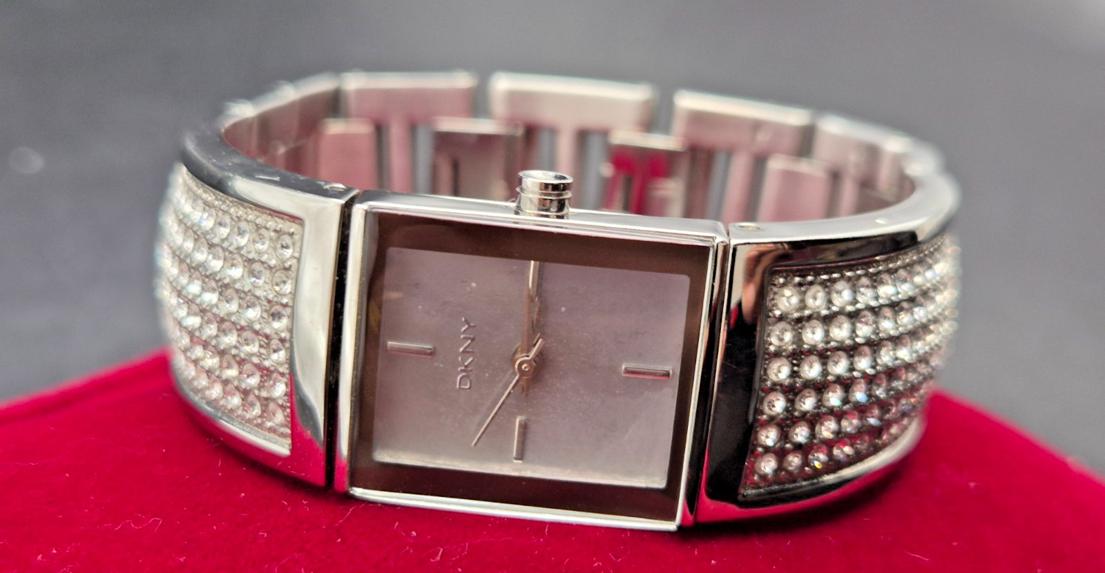 DKNY Ladies Rectangular Case Crystal Studded Semi Bangle Watch-VGC/Working