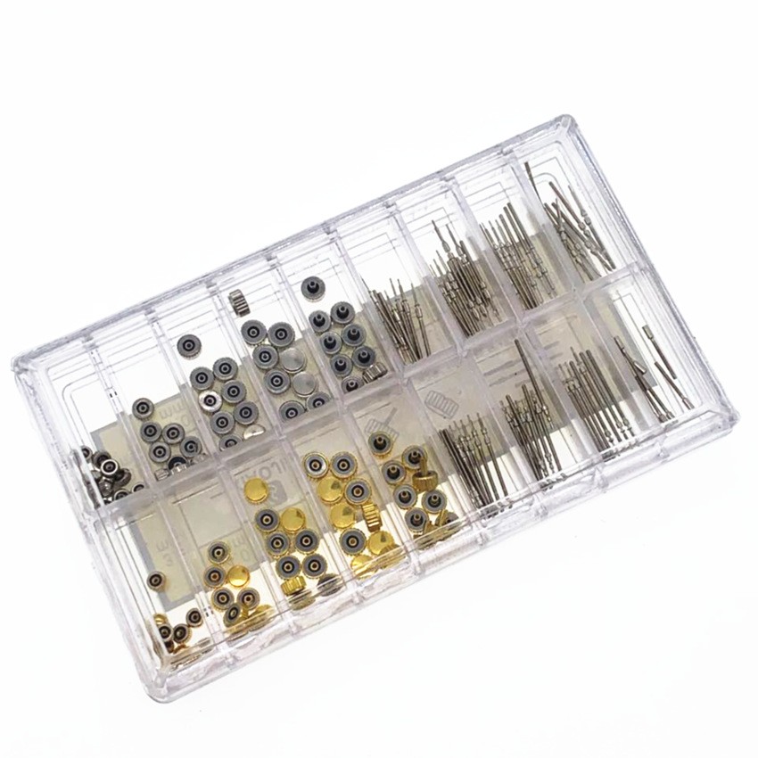 170pcs Mixed Gold Silver Watch Stem Crown Repair Parts Assortment Set Kit W/ Box