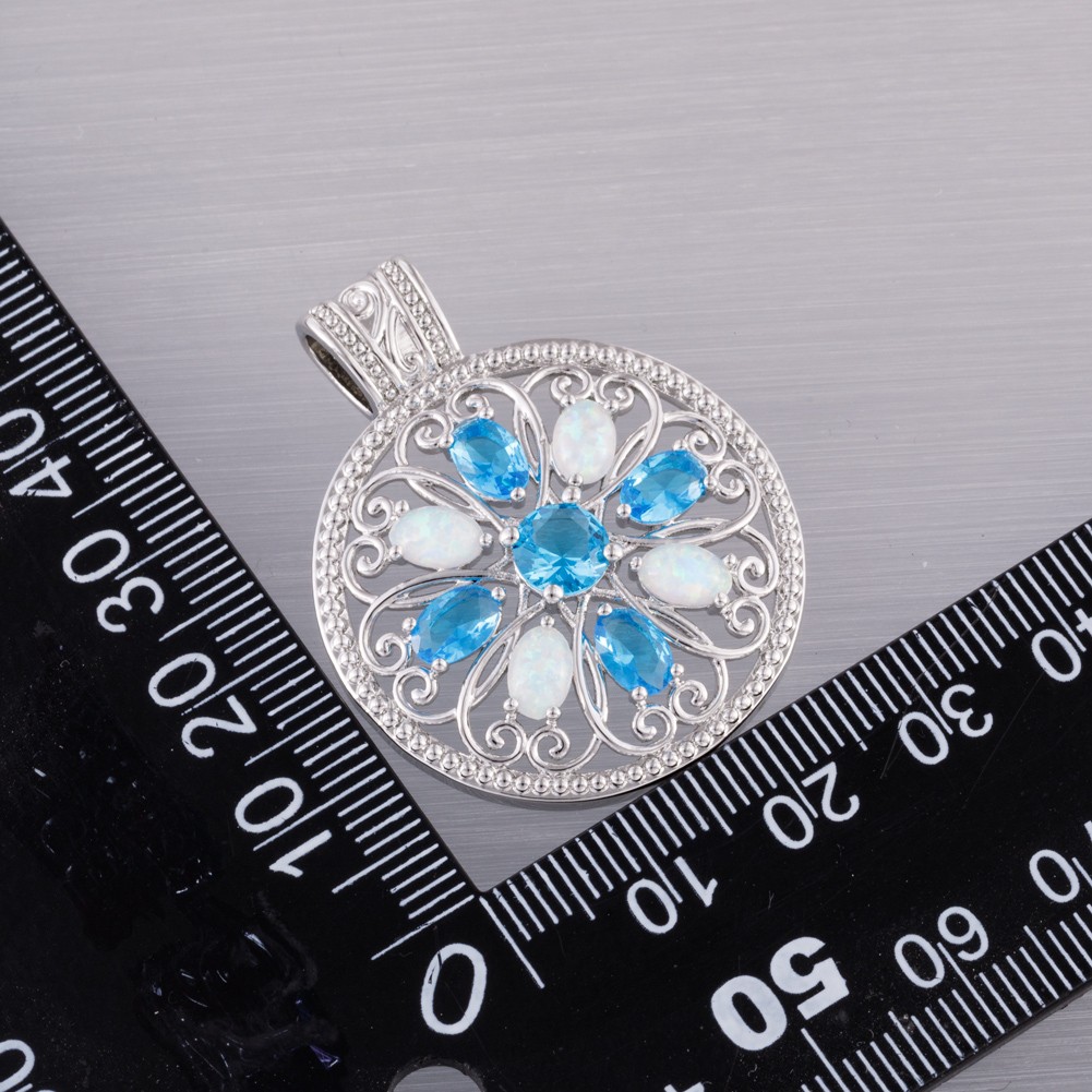Round 4×6 Simulated Blue Topaz White Fire Opal Silver Jewelry Necklace Pendant