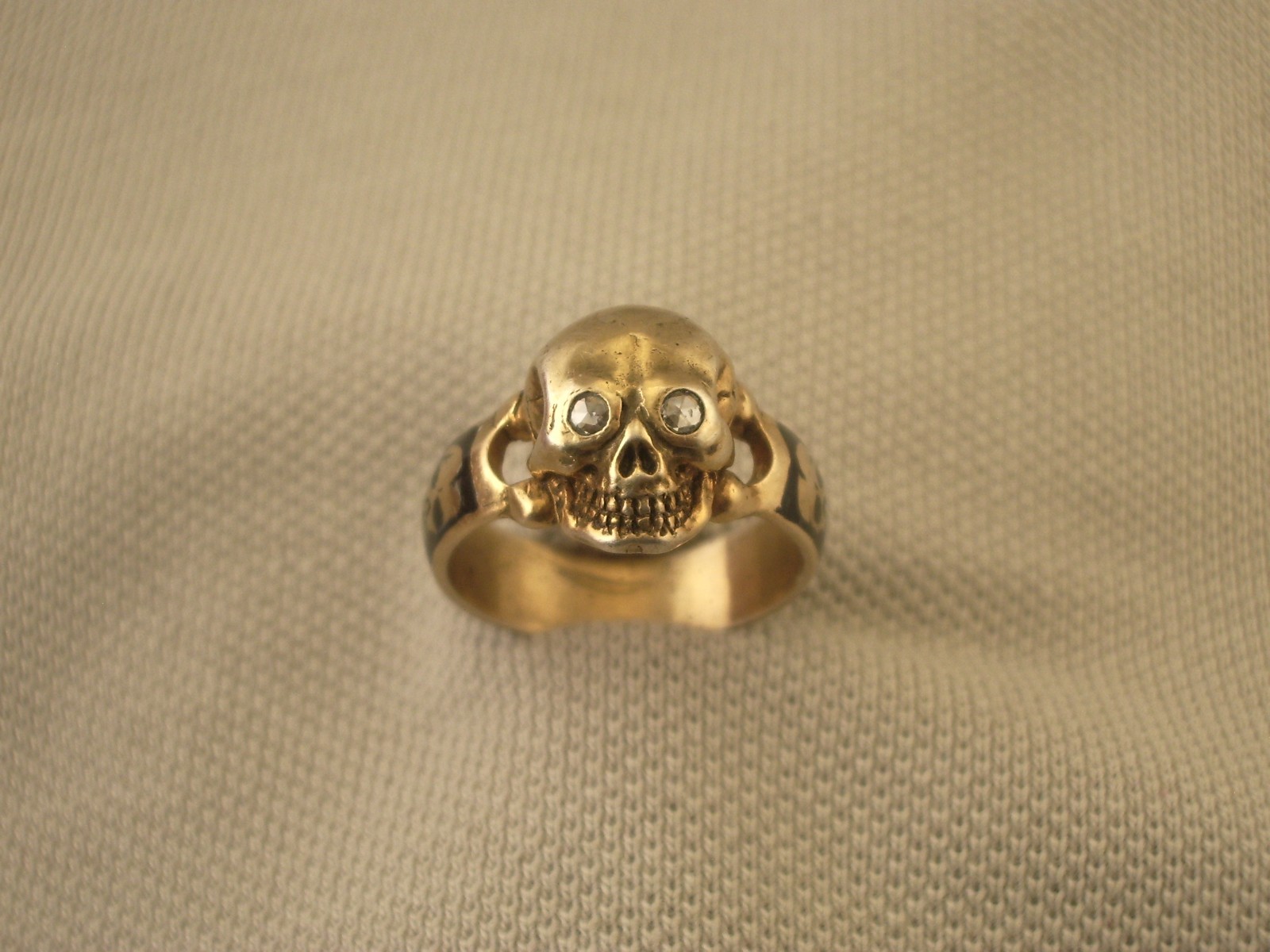 Antique Vtg Gold plated silver enamel diamond masonic memento mori ring Sz7.5