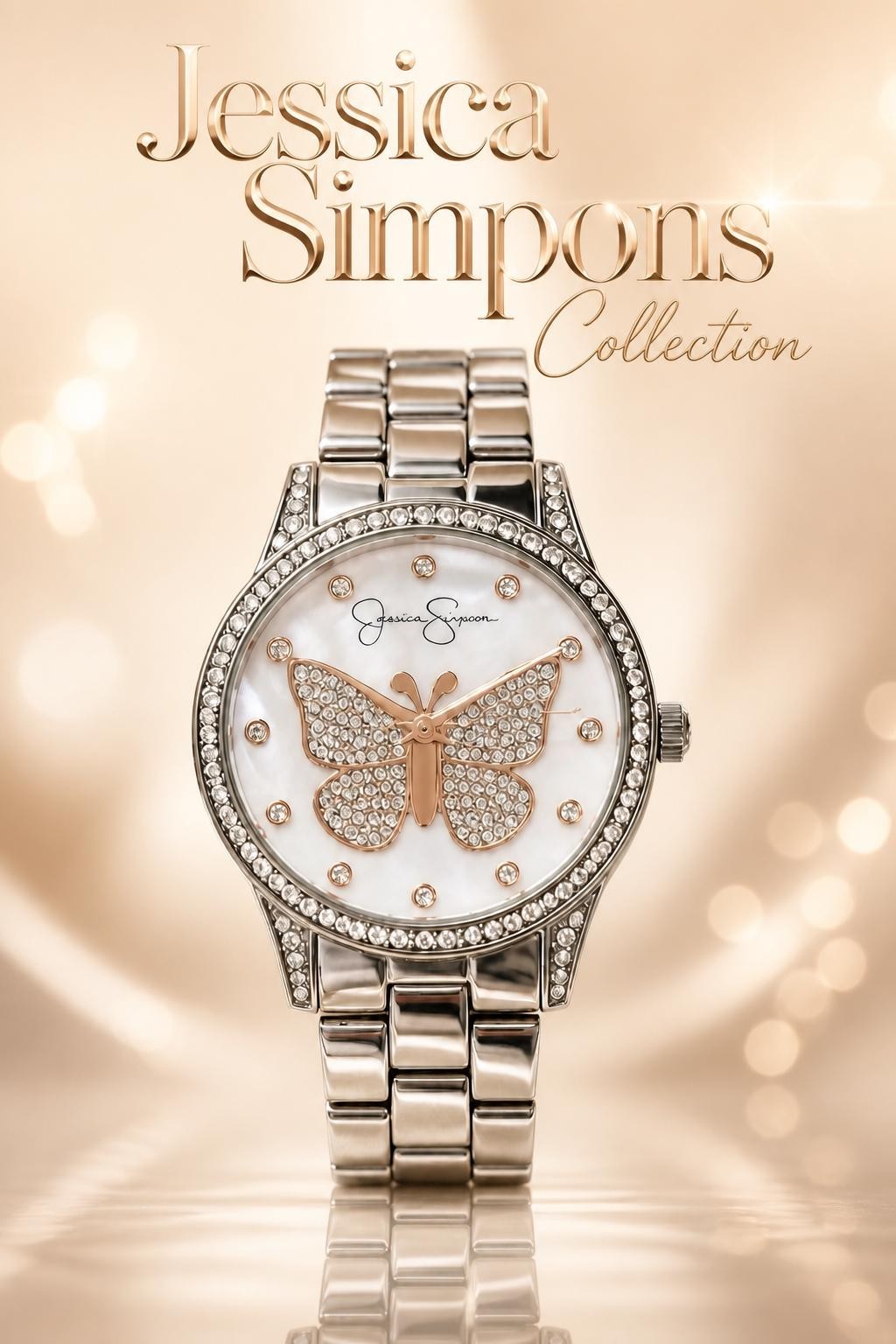 Jessica Simpson Silver-Tone Crystal Butterfly Watch with Mother of Pearl Dial