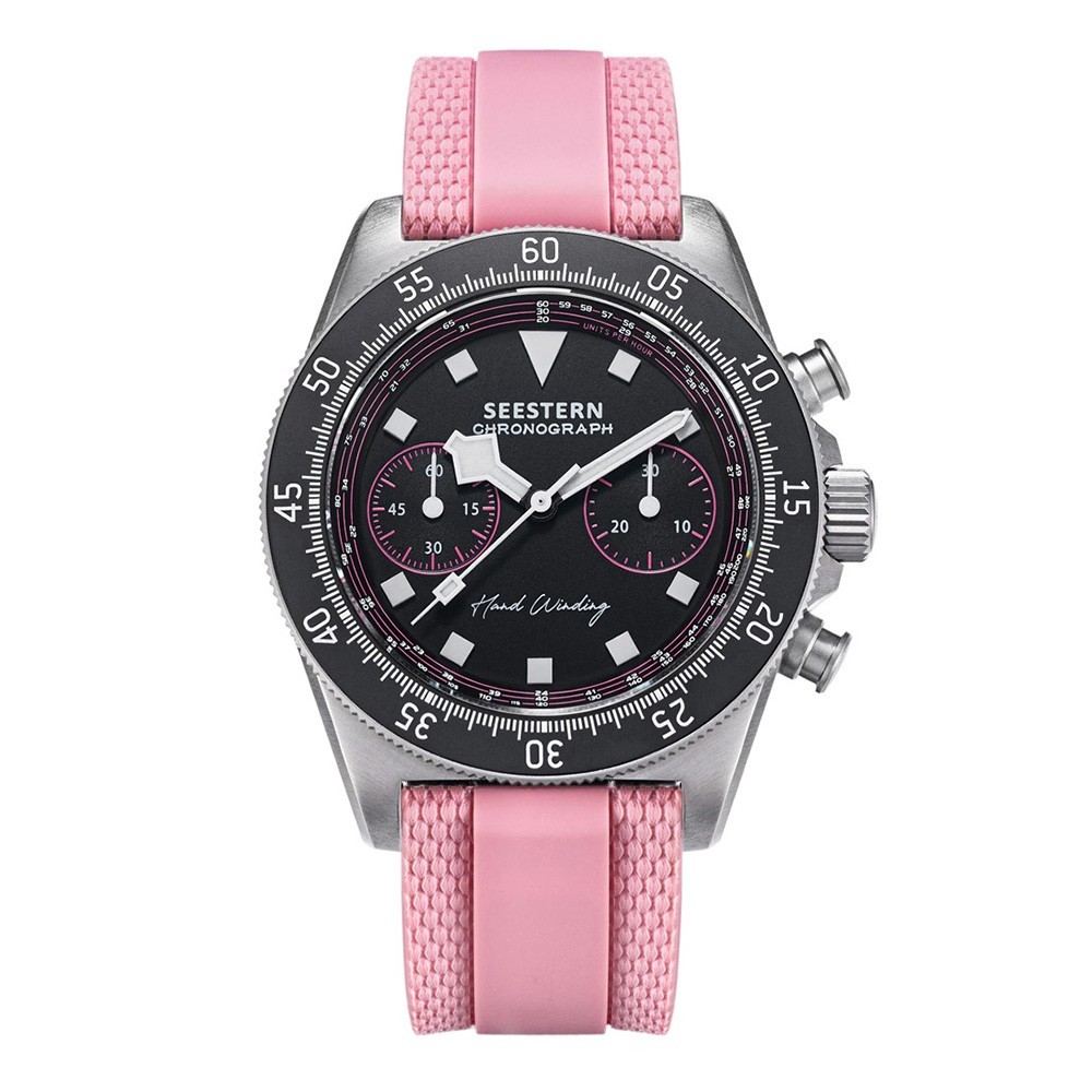 Seestern S443 Mechanical Chronograph Steel Black Pink Rubber Sapphire Men’s Watch