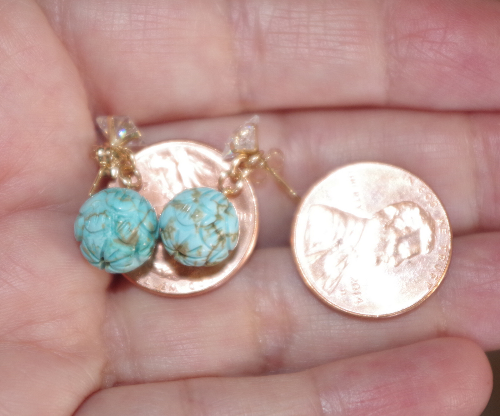 VINTAGE 1OK GENUINE 6 MM ZIRCON STUD EARRINGS W 10 MM TURQUOISE BALL JACKETS