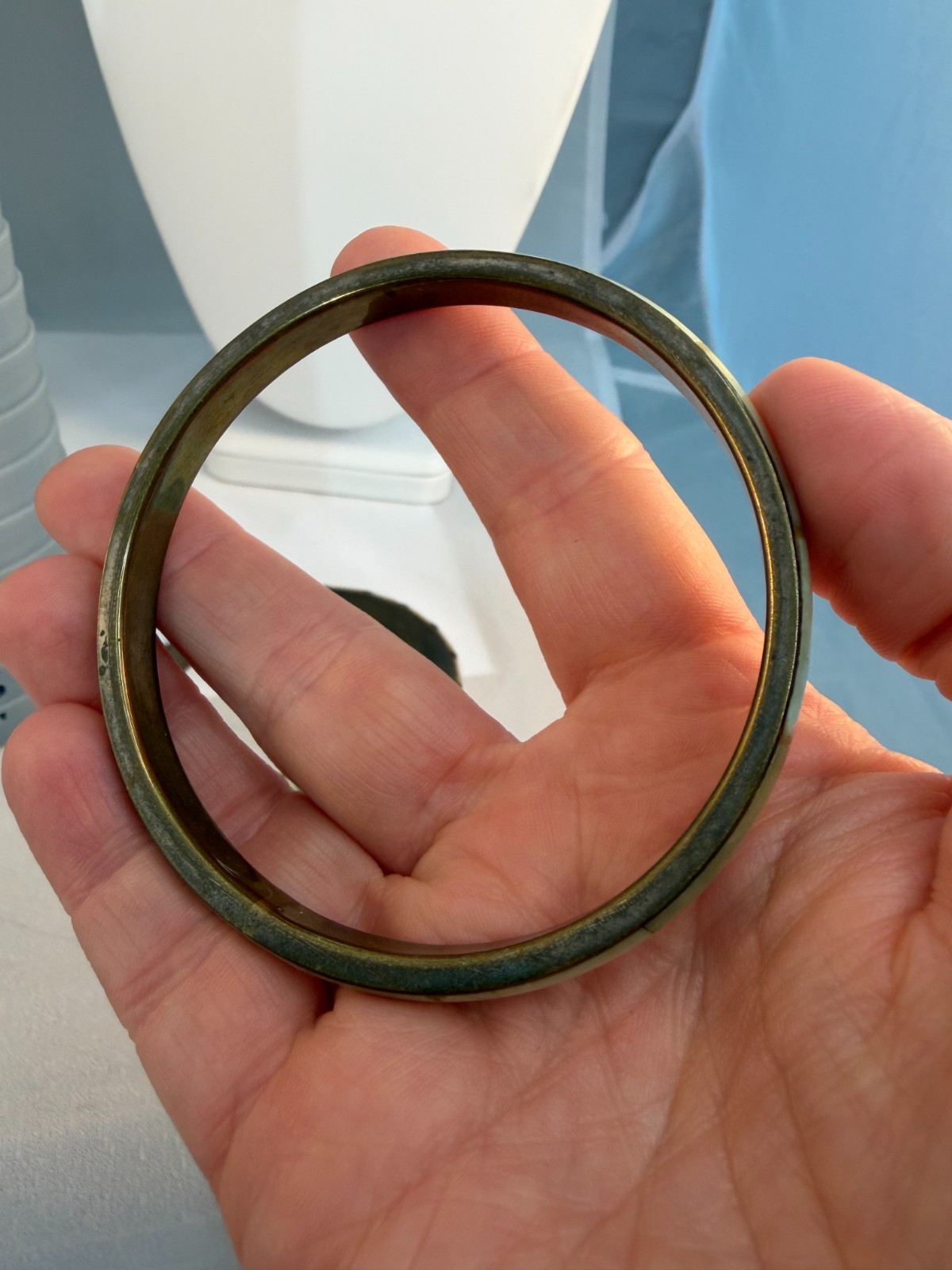 Vintage 1970s Brass Bangle Stack Mother of Pearl Dyed Bovine Inlay Boho Green