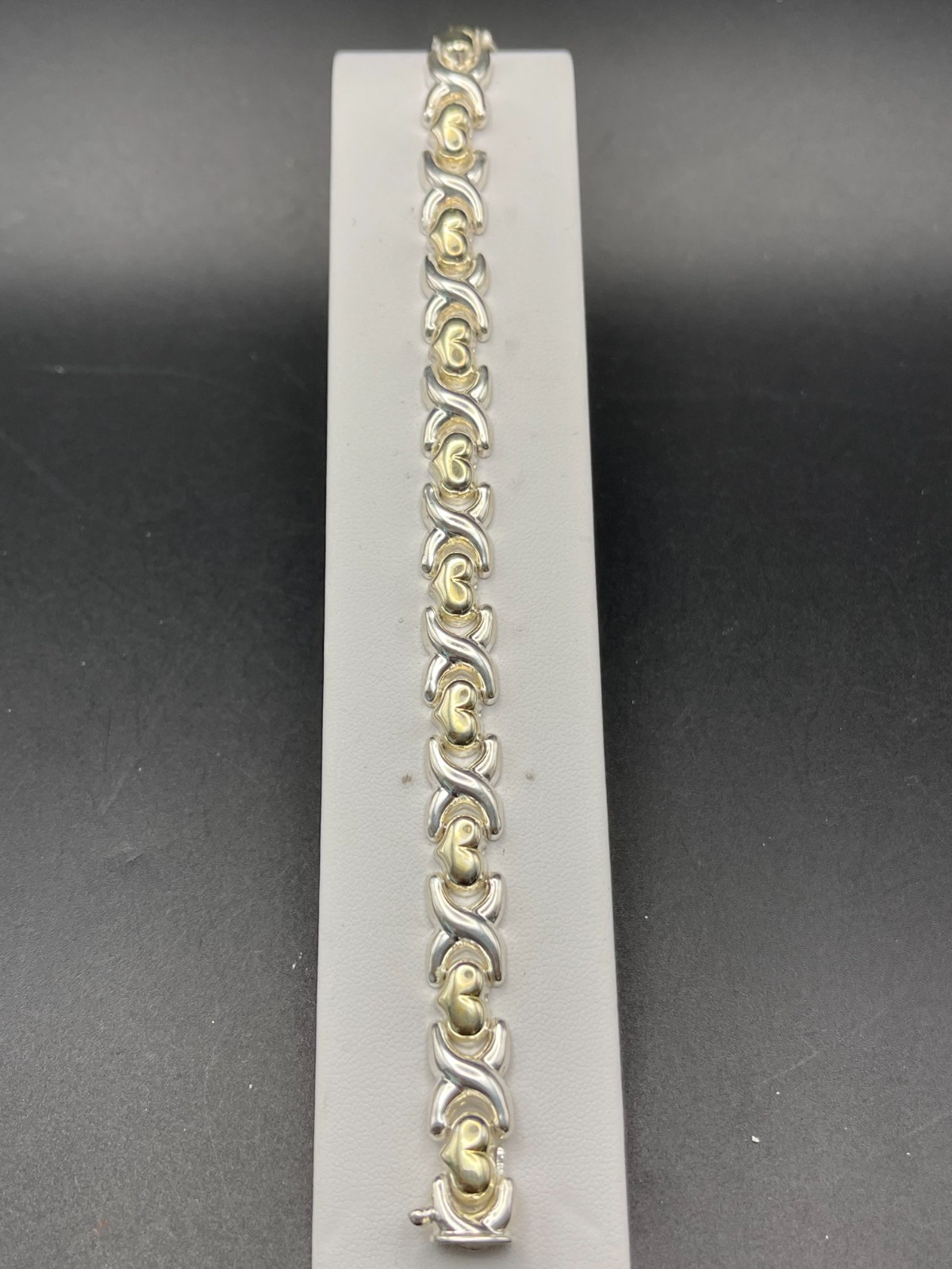 Vintage Italian Sterling Silver & Gold‑Tone Heart Link Bracelet | 7.5 in | 14.4g