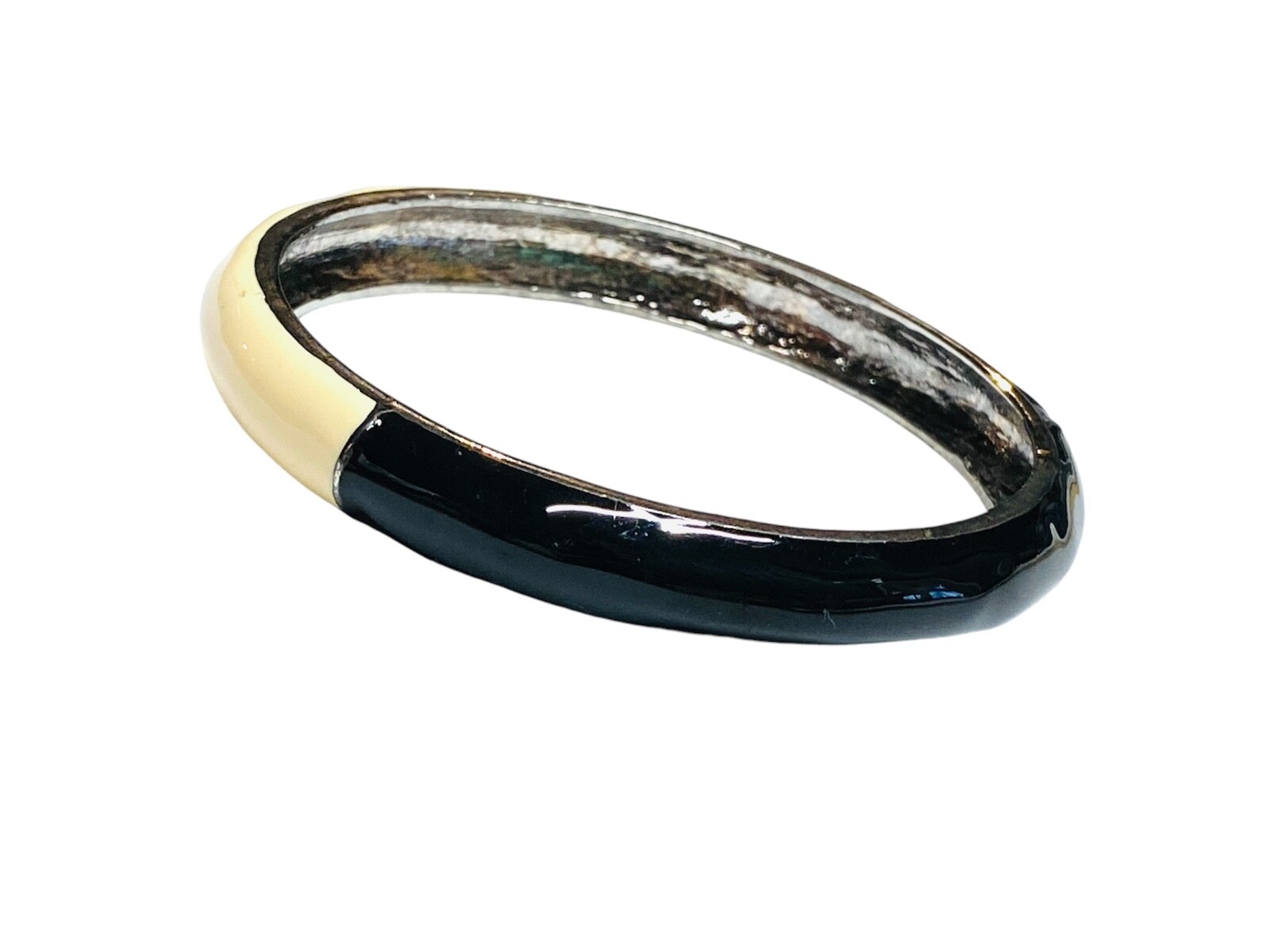 Vintage Black & Cream White Enamel Silver Tone Bangle Hinged Bracelet Clamper