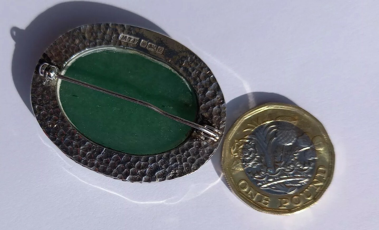Hand Made Large Oval Silver & Jade Brooch Sheffield Hallmarked MTP 40mm x 32mm