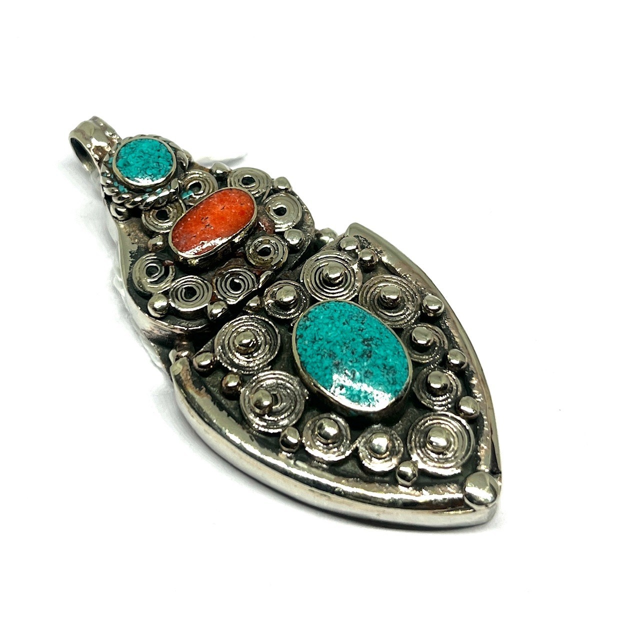 Ethnic Turquoise Coral Gemstone Tibetan Traditional Pendant Jewelry, 2.5 inc