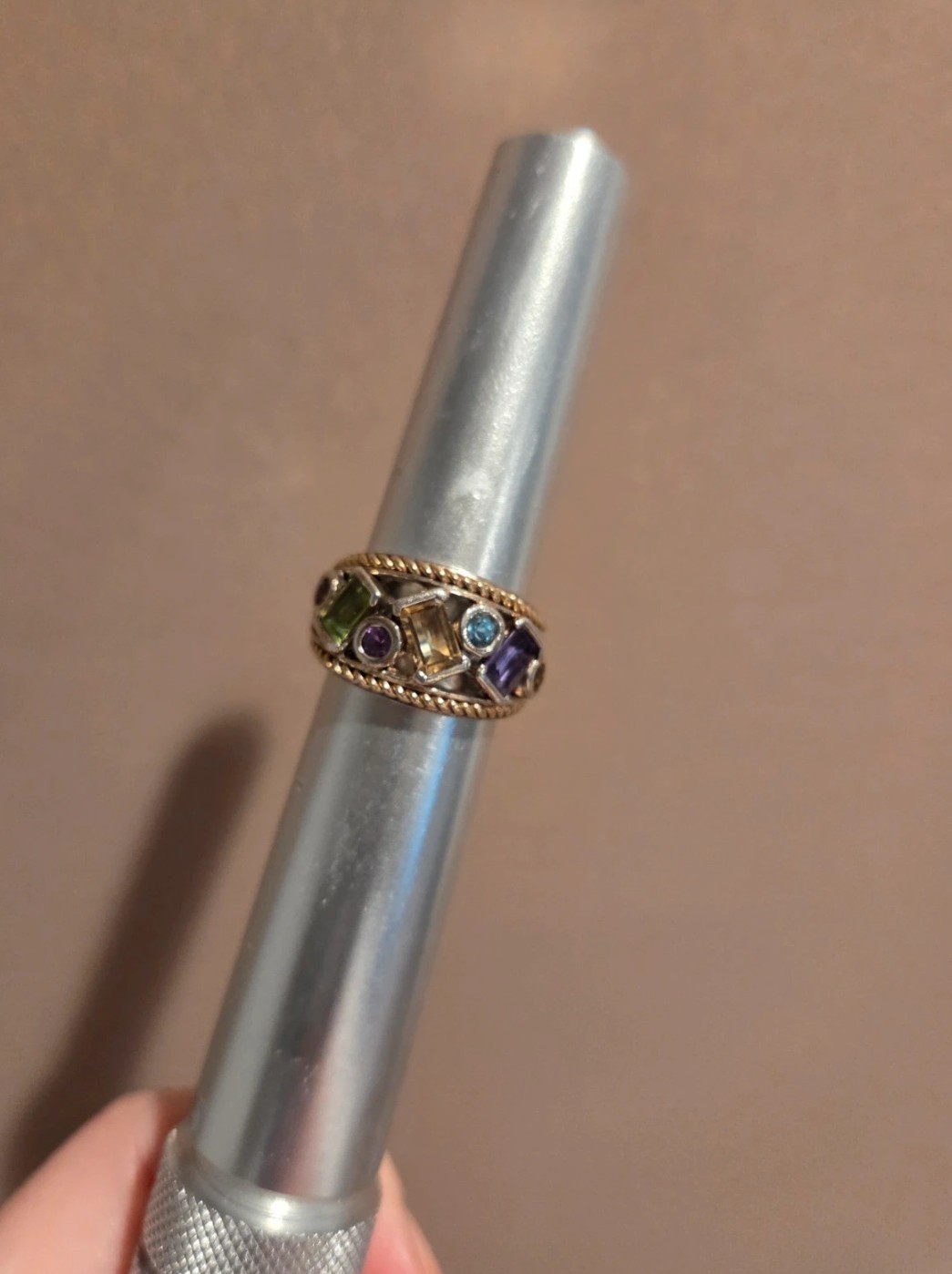 Fortunoff Sterling Silver 14K Gold Multi Gemstone Cable Rope Band Ring Size 6.5
