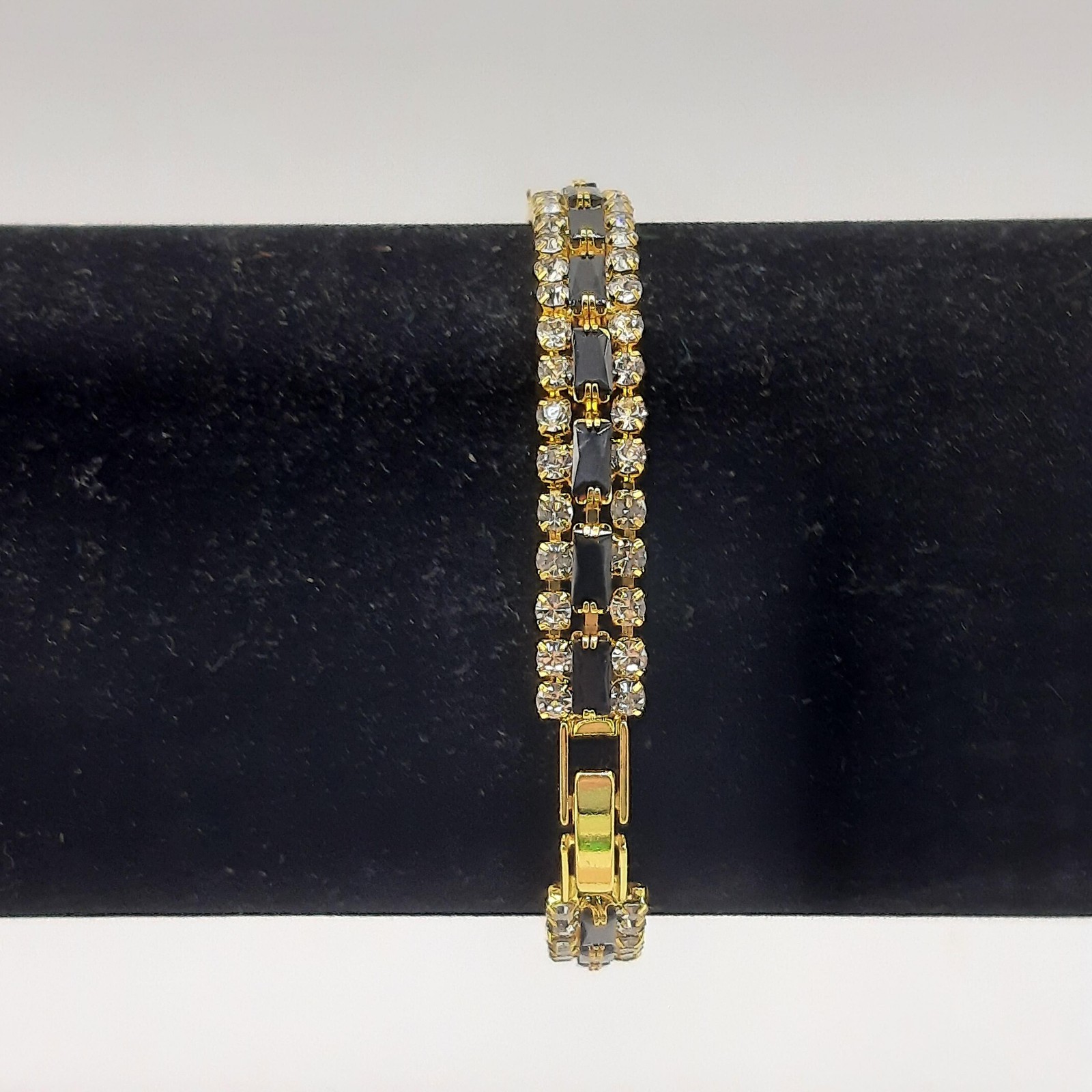 Gold Tone Clear Black Rhinestone Double Row Tennis Bracelet Womens 7in Box Clasp